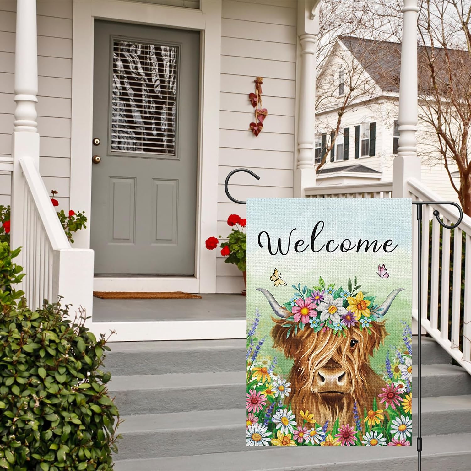 Welcome Spring Garden Flag Burlap Double Sided Vertical 12x18 Inch Highland Cow Spring Flag Farmhouse Yard Outdoor Decor - Image 4