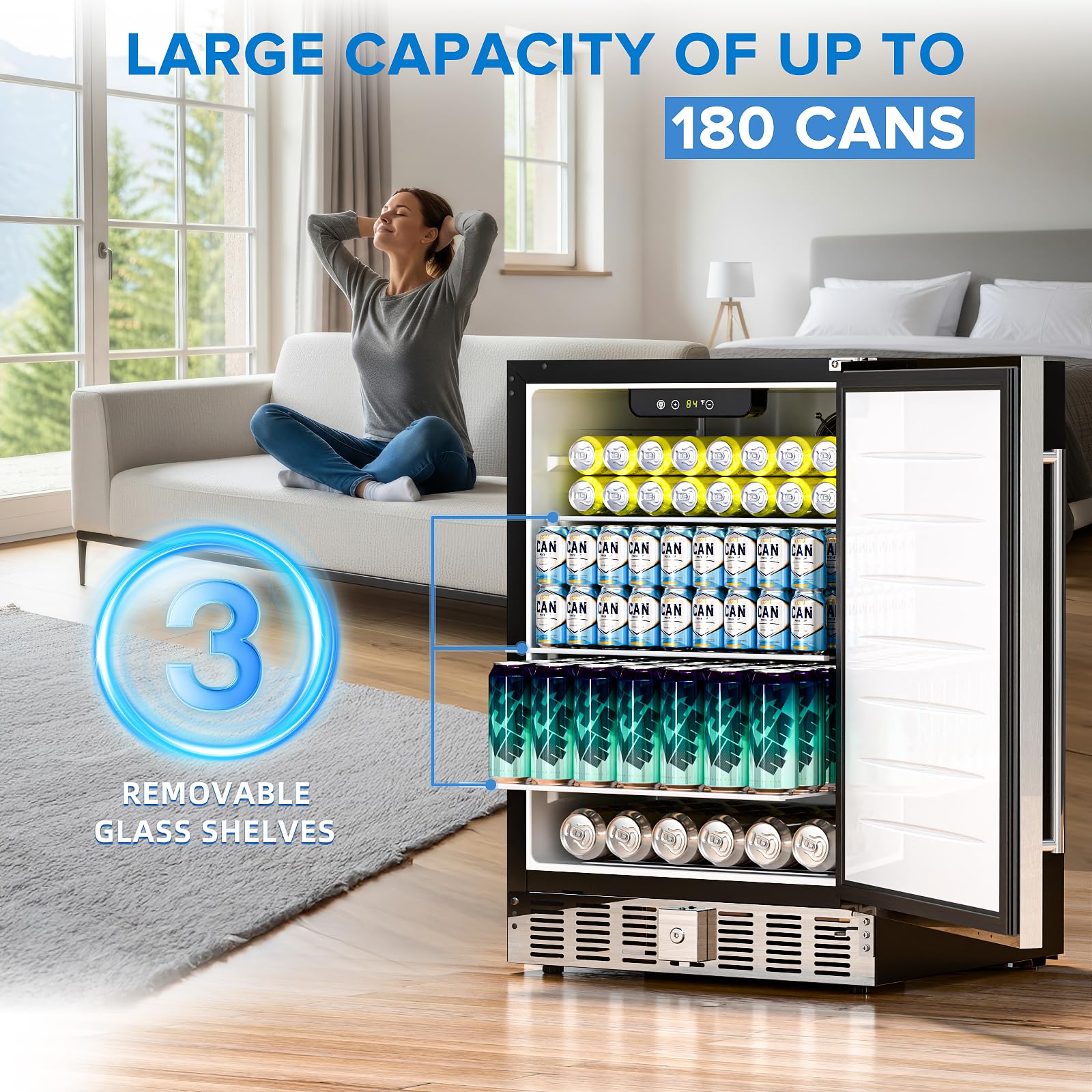 Antarctic Star 15 Inch Undercounter Beverage Refrigerator, 135-Can Capacity, Built-in or Freestanding Compact Cooler with Stainless Steel Door, for Patio, Home, Kitchen