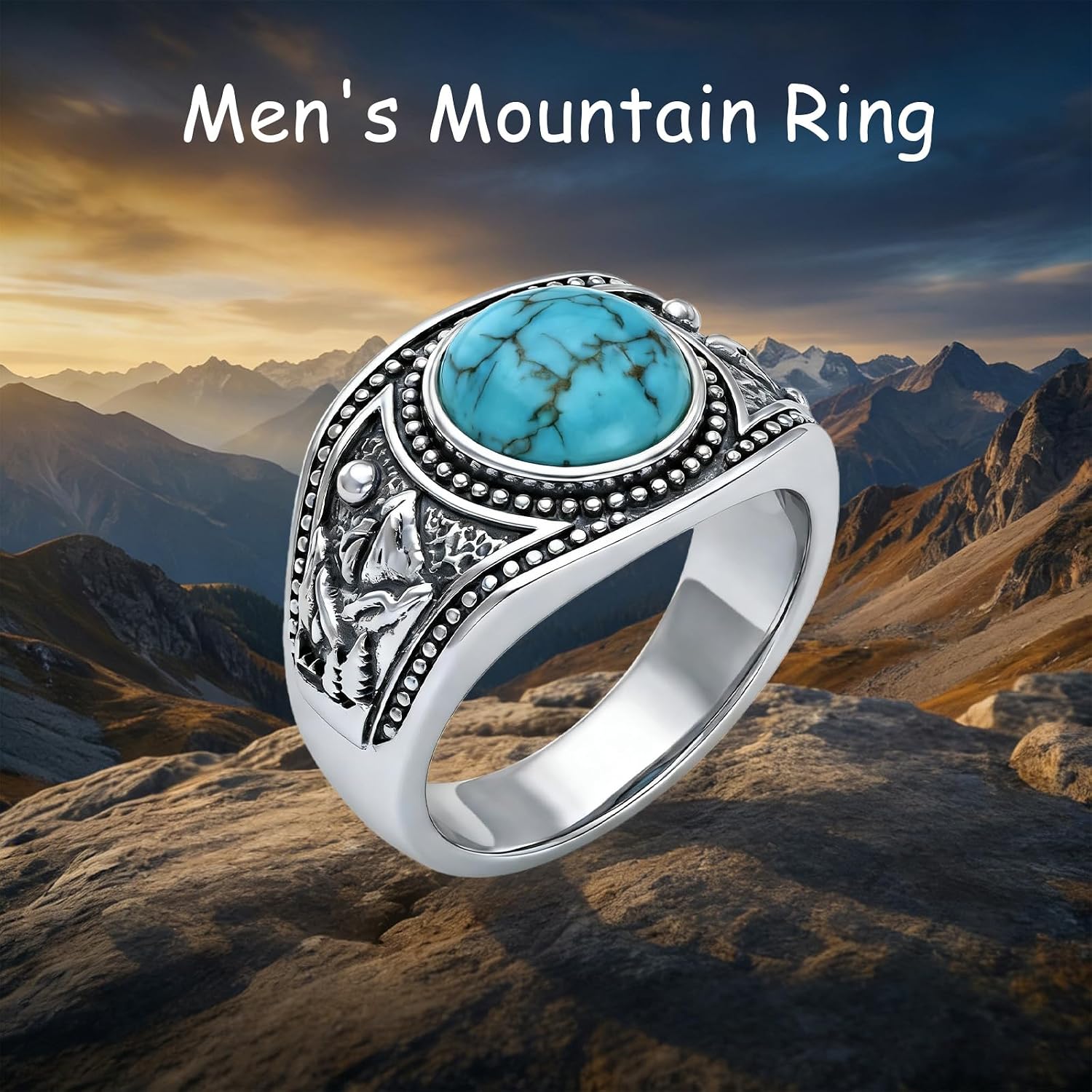 Men's 925 Sterling Silver Mountain Range Gemstone Ring, Southwestern Vintage Statement Ring for Men, Gift for Him Sizes 6-15