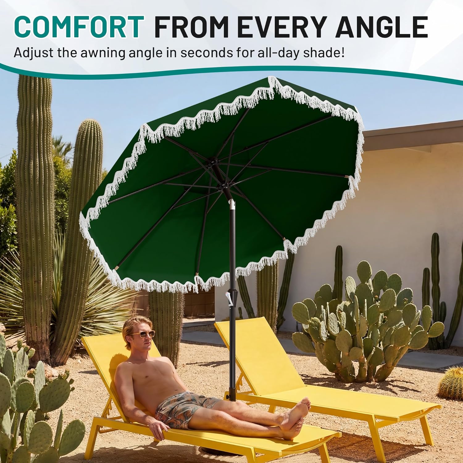 AreShark 9FT Patio Umbrella with Fringe, Wind-Resistant Fiberglass 8 Ribs Tassel Outdoor Umbrella with Crank and Push Button Tilt, Double Tier Vent Sun Shade for Pool, Deck, Backyard, Dark Green