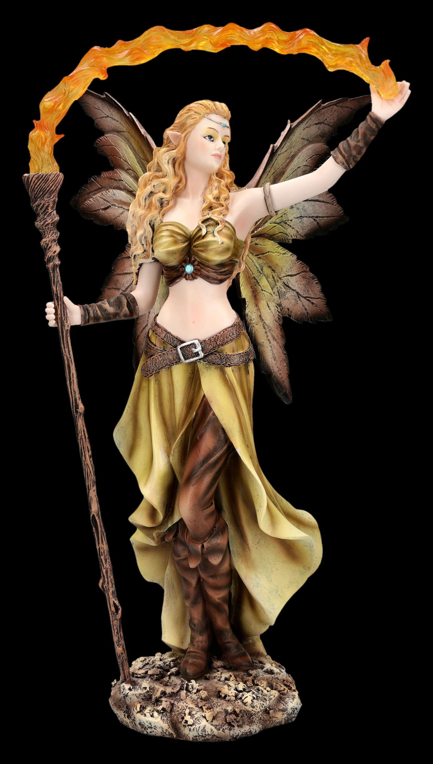 Figuren Shop GmbH Elfenfigur Waldelfe mit Feuerstab – handbemalte Fantasy-Deko (36,5 cm) – Tales of Aurelion Collection – Magische Geschenkidee für Jahreszeitenfreunde & Fantasy-Fans