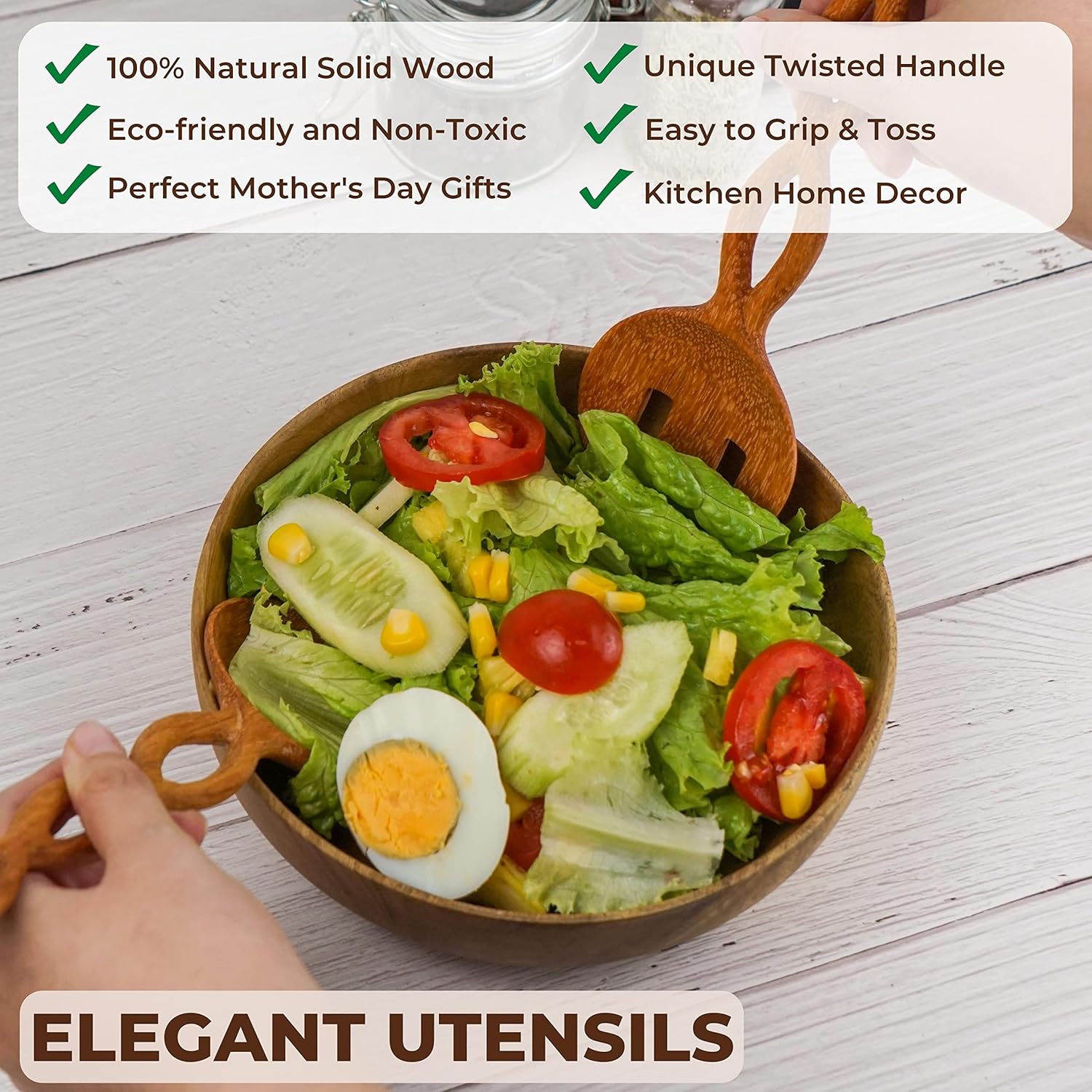 JABIHOME Wooden Salad Utensils Set, Easter Cooking Gifts for Mom, Wooden Salad Servers for Serving, Tossing, Valentine's Day Hostess Gifts for Women