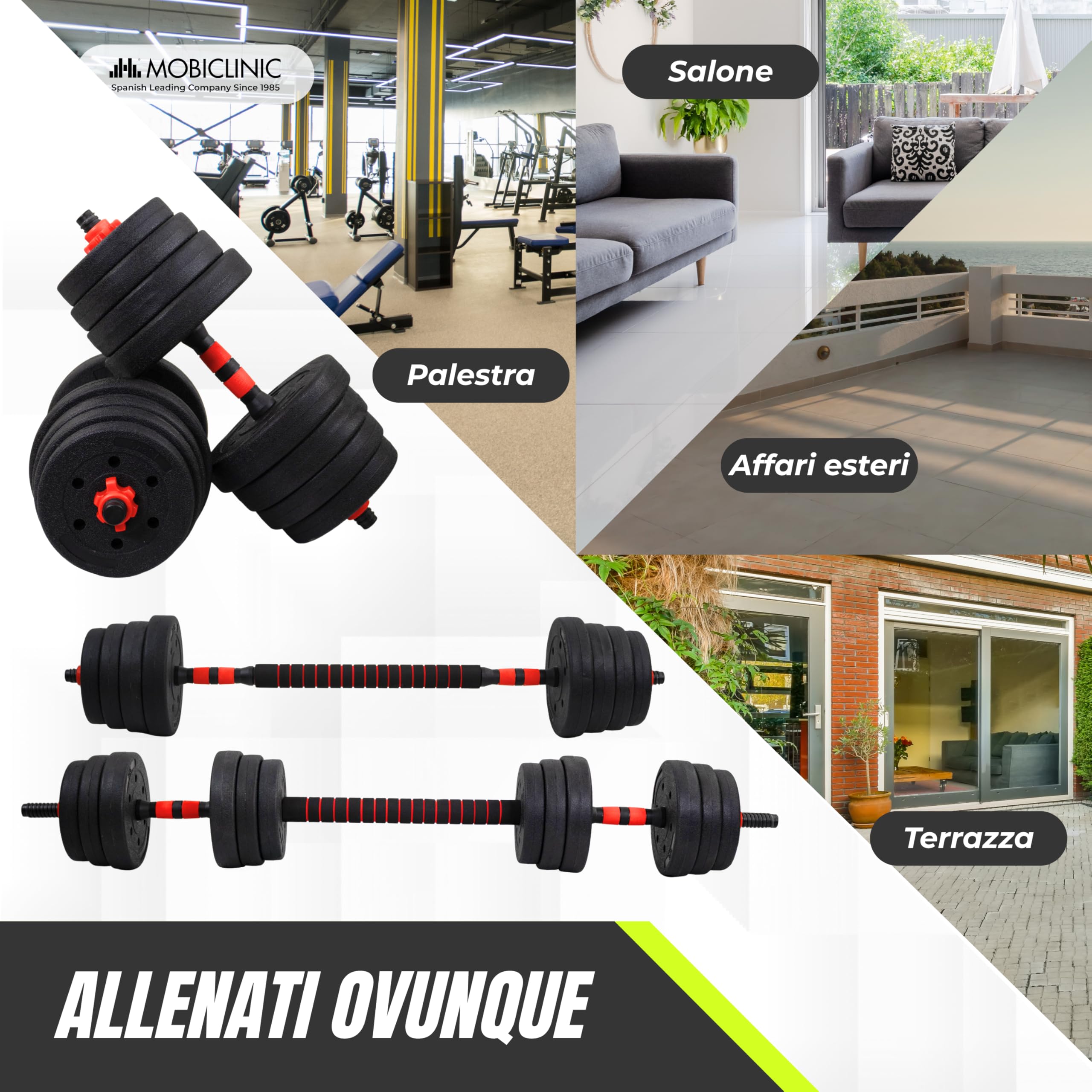 Mobiclinic®, Manubri regolabili 30 kg, 2 in 1, Set di Pesi, Manubri, Barra di Collegamento, Portatile, Impugnatura Antiscivolo, Maxifit, Palestra Domestica, Fitness