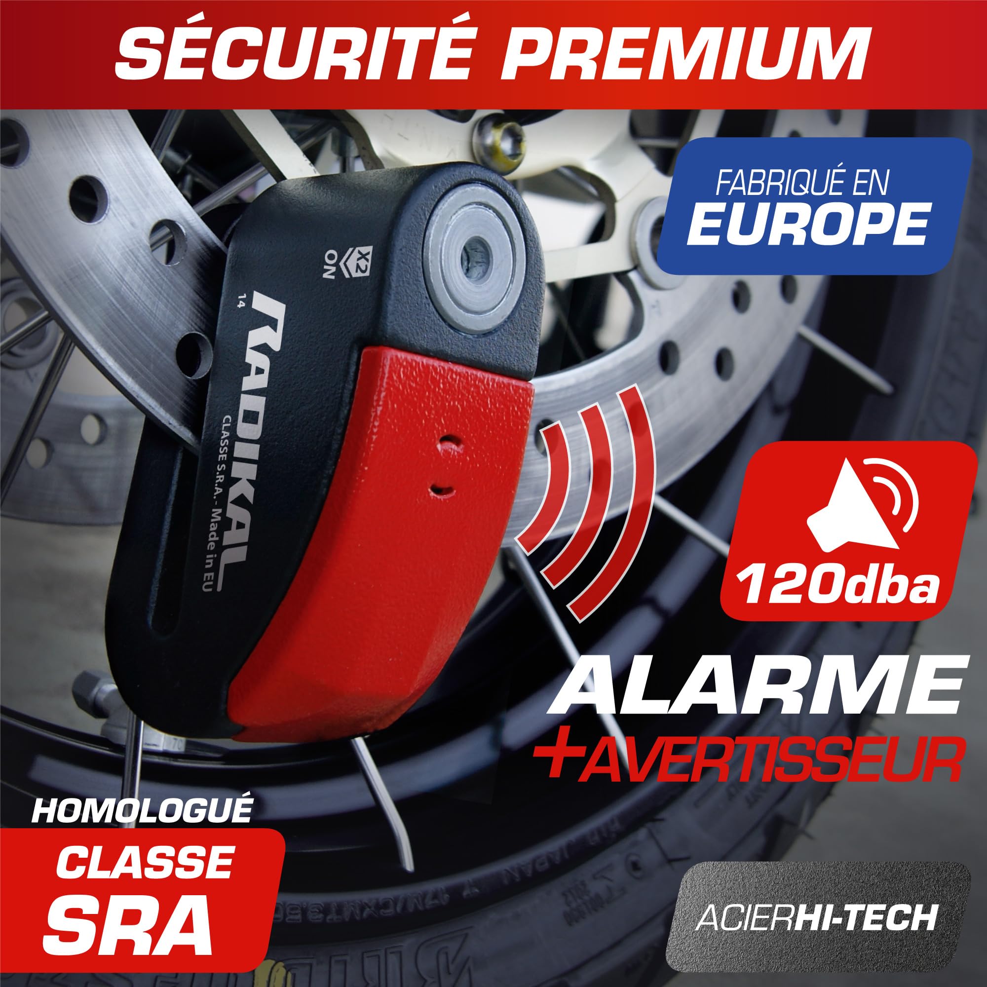 RADIKAL RK15 Antivol Moto Homologué SRA Bloque Disque avec Alarme Premium | Activation au choix, 120 dB, LED Alerte, Warning Pré-Alarme | Bloc Sécurité Double Verrouillage Acier Cémenté 14 mm, Rouge