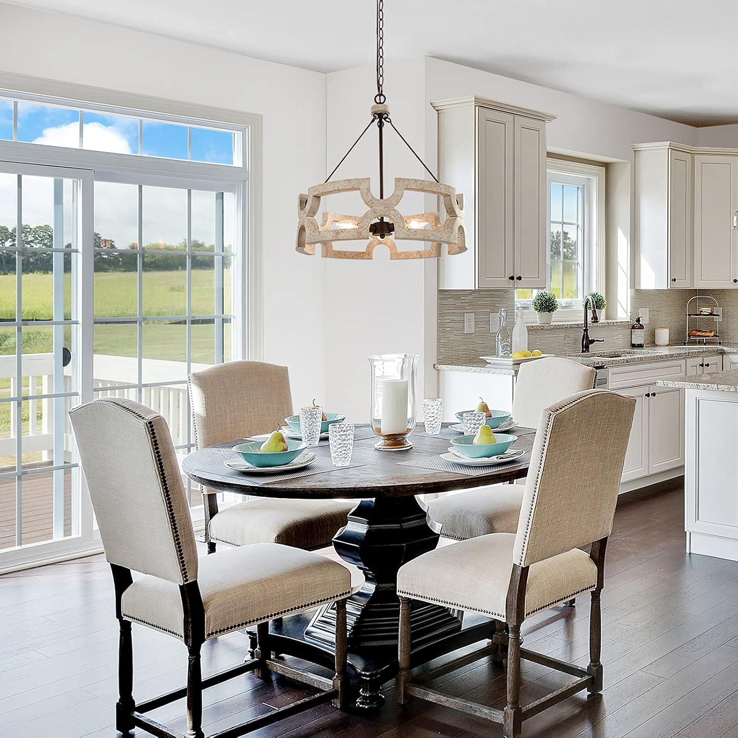 Get Special Price KSANA Farmhouse Chandelier for Dining Rooms, 3-Light Drum Chandelier for Kitchen Island, Foyer, Weathered White Wood, 19.5”W x 21”H