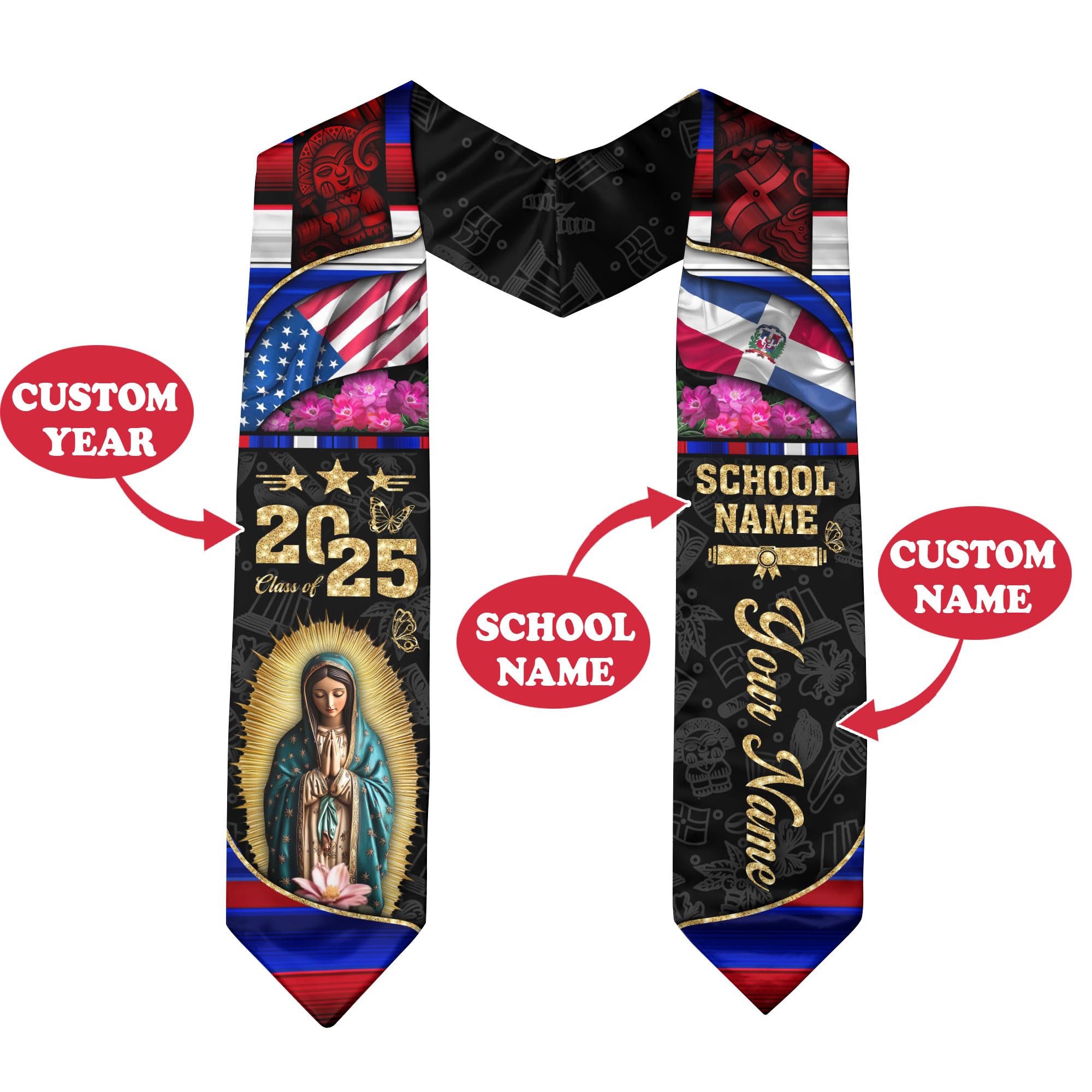 VATANAS Customized Dominican Republic Graduation Stole 2025, Dominican American Flag, Bandera Dominicana Para Graduación 2