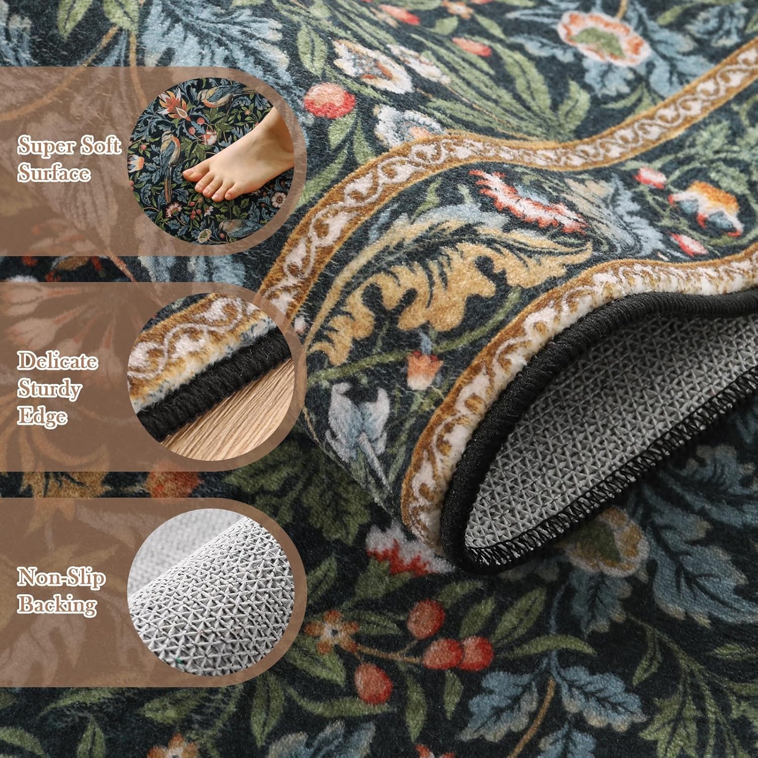 Morebes Washable Floral Hallway Runner Rug 2x6 Non Slip, Boho Floral Birds Kitchen Runner 6ft, Ultra-Thin Super Soft Botanical Indoor Floor Carpet for Bathroom Entryway Laundry Room, Navy Blue - Image 4