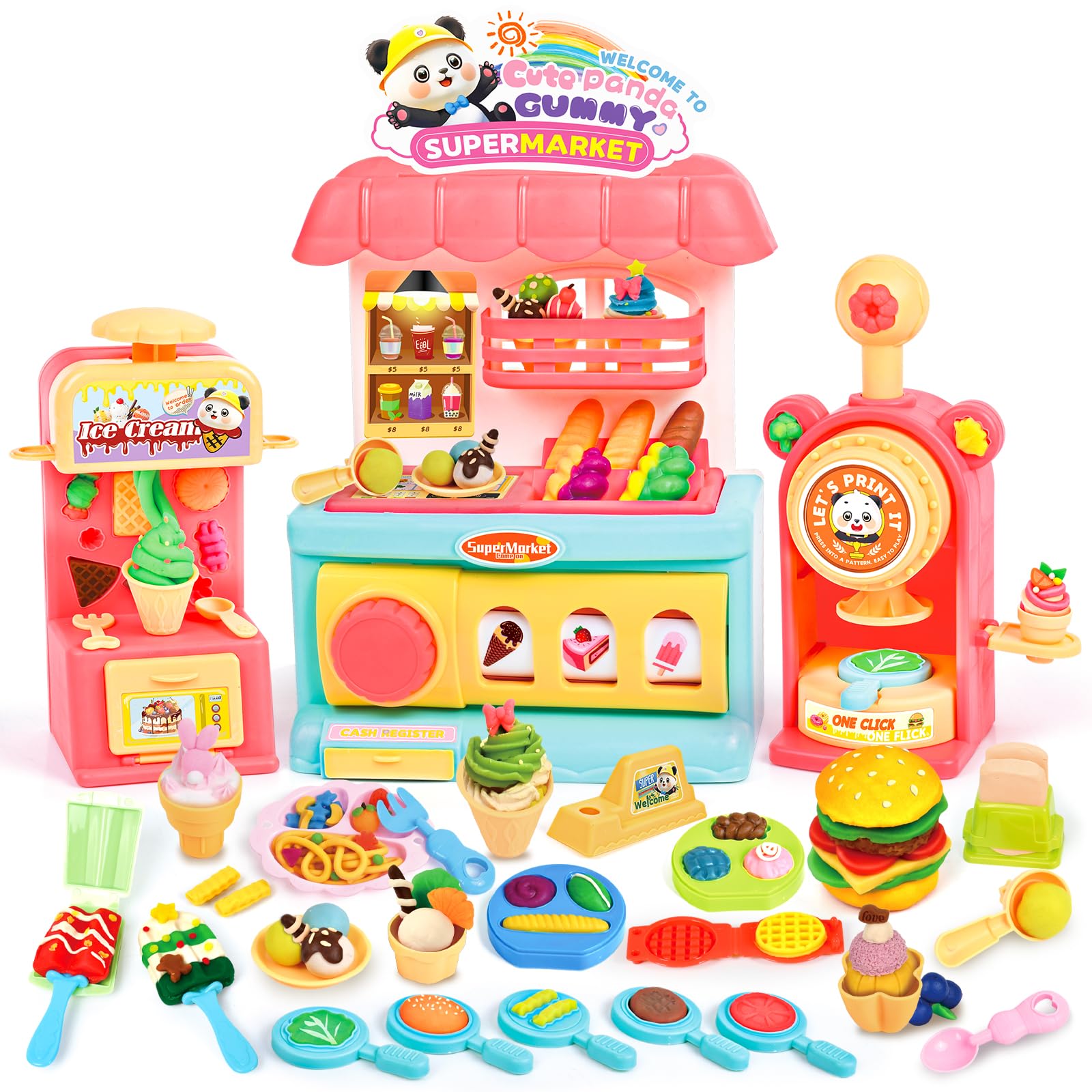 Color Dough Set for Kids 4-8, Dough Tools Set - 3 in 1 Play Kitchen Toys Ice Cream Shop and Hamburger Maker, Colorful Arts Crafts Play Food Toys for Kids Boy and Girl