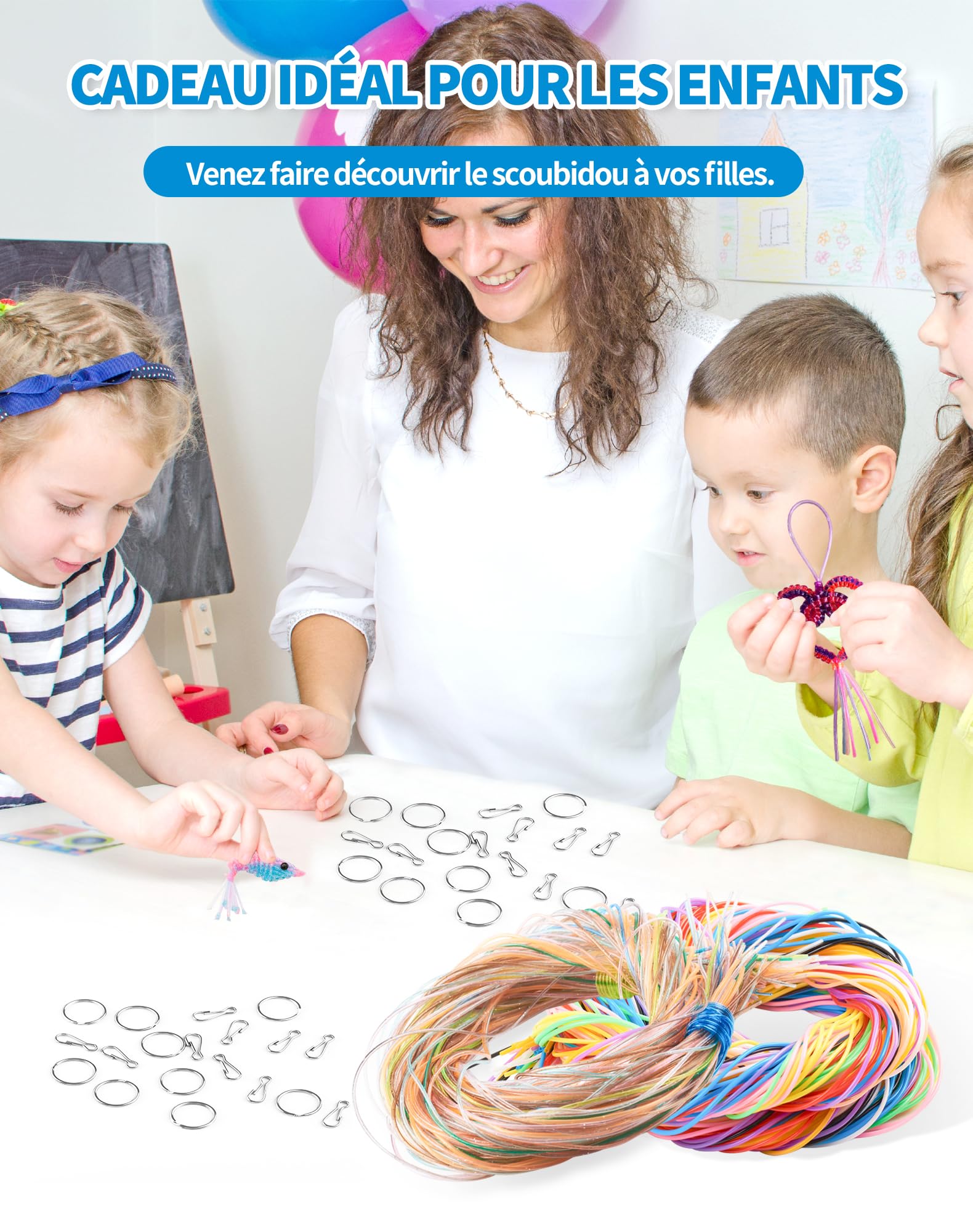 SOSALUK Scoubidou DOO - 200 nastri con paillettes e classici Scoobydoo per il fai da te, per bracciali, collane, portachiavi, set con portachiavi e ganci, regalo per ragazze