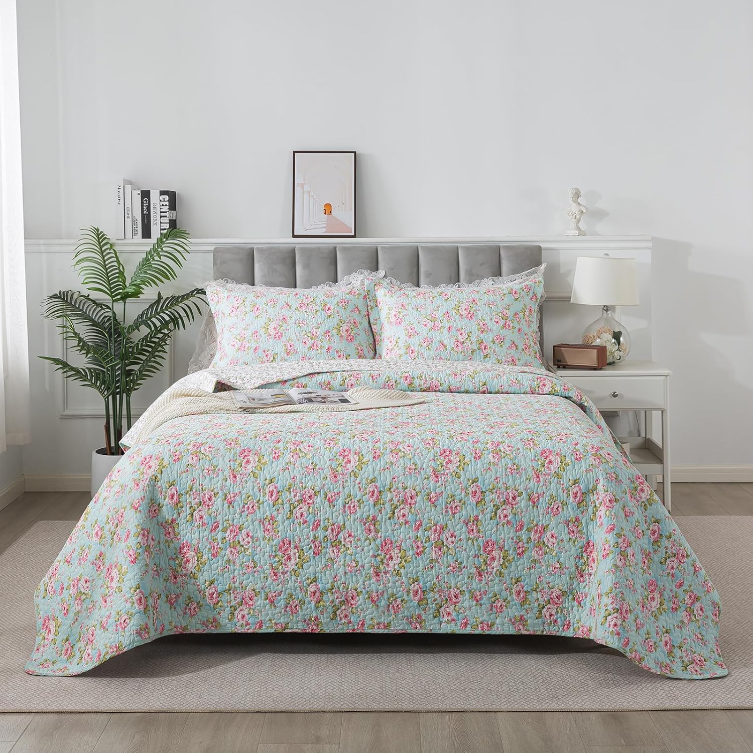 Brandream Full Size Shabby Chic Floral Quilt Set Cotton Bedspread Farmhouse Quilted Comforter Sets 3-Piece
