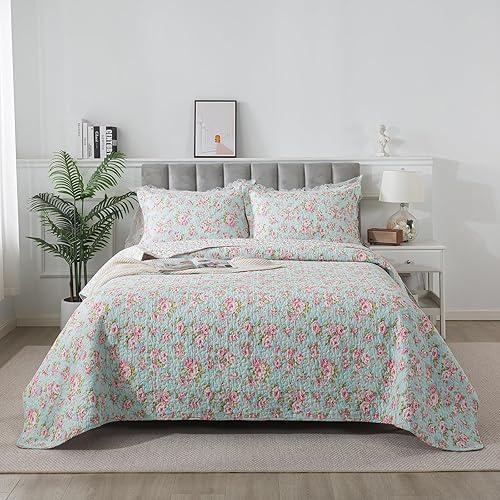 Miniatura 4 de Brandream Juego de edredón de tamaño matrimonial con diseño floral Shabby Chic de algodón, juego de edredón acolchado de 3 piezas