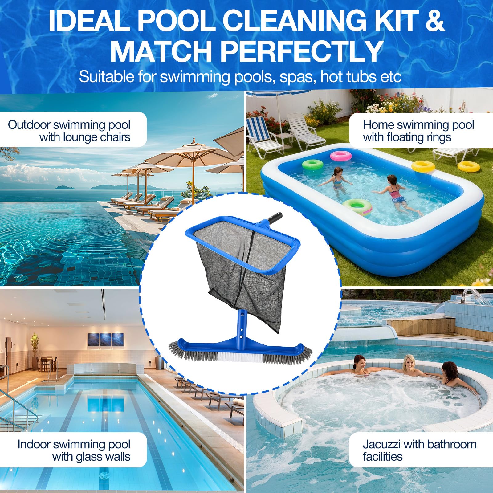 Set di Pulizia per Piscina 2-in-1, Retino per Piscina a Maglia Fine e Spazzola Robusta, Skimmer per Detriti e Spazzola per Pareti con Attacco Universale EZ-Clip, Ideale per Piscine, Whirlpool e Spa