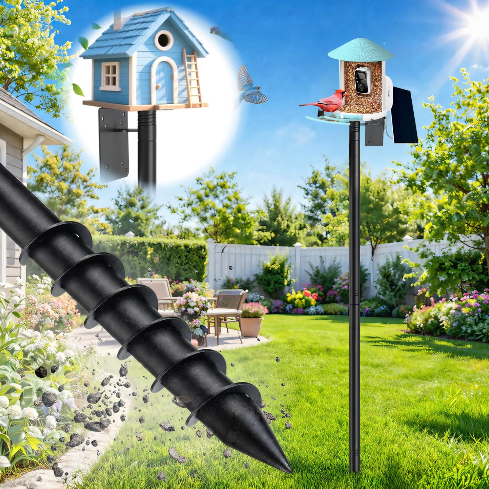 Bird House Pole for Outside - Heavy Duty Anti-Wobble Ground Anchor Mount,117" Tall Birdhouse Pole Stand, Bird Buddy Mounting Pole for Bluebird, Smart Bird Feeder & Weather Station-image-21
