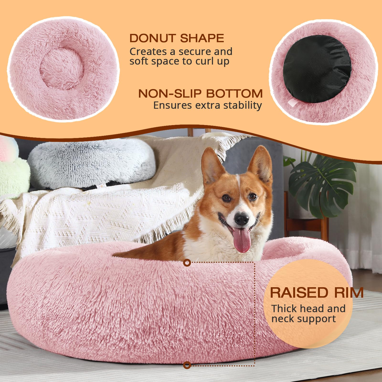 JOLLYVOGUE Beruhigendes Donut-Hundebett – Flauschiges Rundbett Gegen Angst, Waschbar, Für Kleine & Mittlere Hunde (50 Cm)
