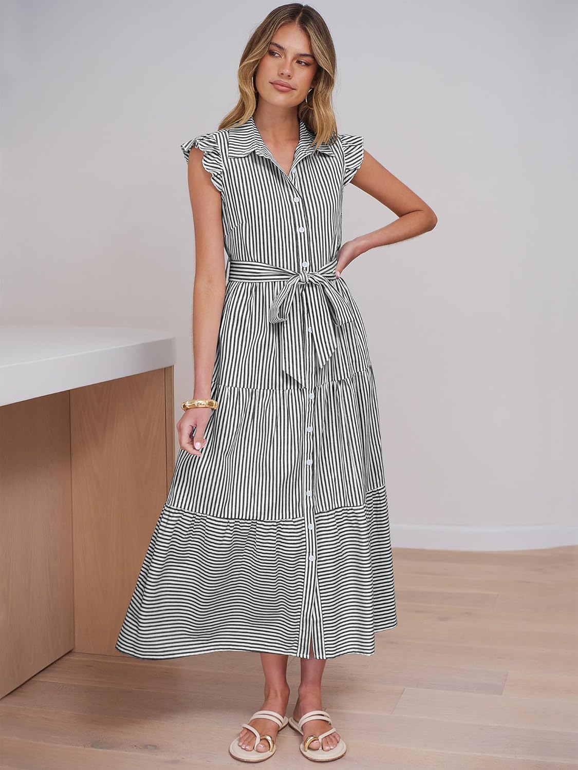 Caracilia Womens Summer Casual Ruffle Cap Sleeve Maxi Dress Button Down Striped Plaid Tie Waist Vacation Long Shirt Dresses - Image 3