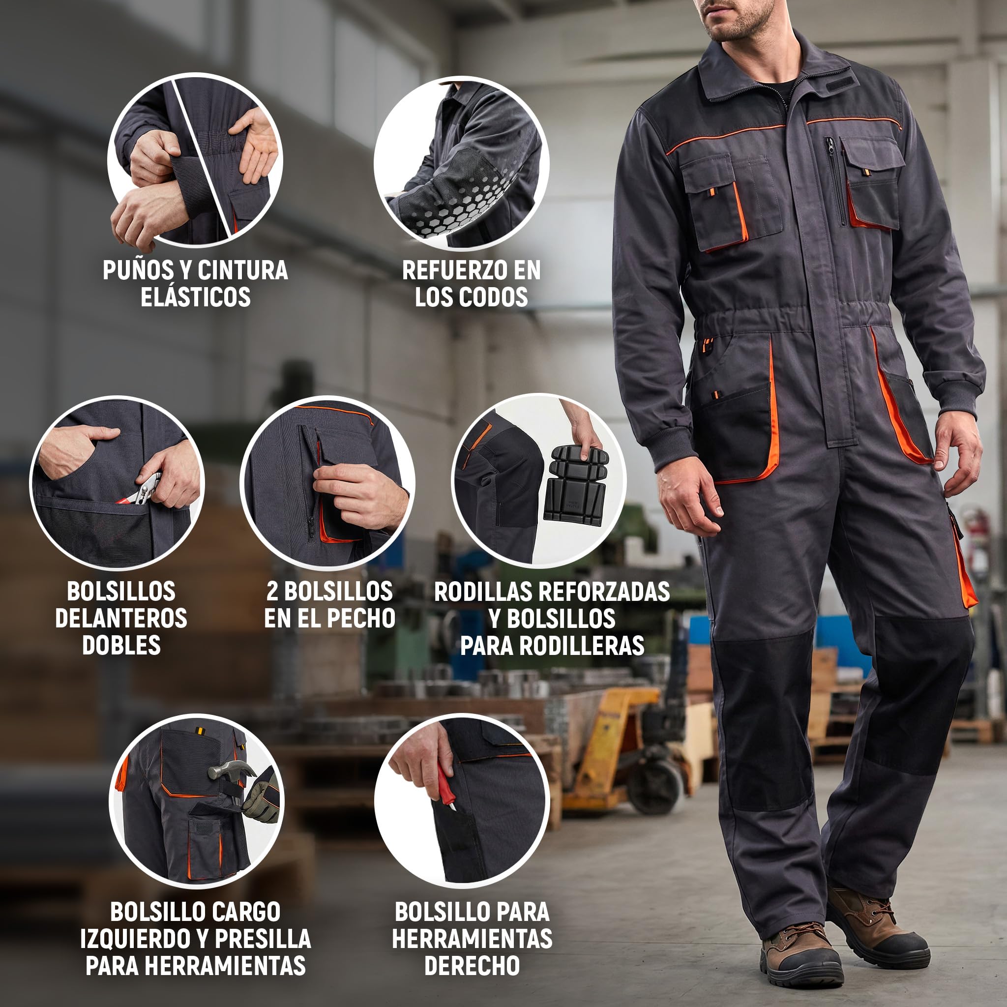 Stenso Emerton - Mono de Trabajo con Bolsillos Multiusos para Hombre - Gris Oscuro/Negro/Naranja