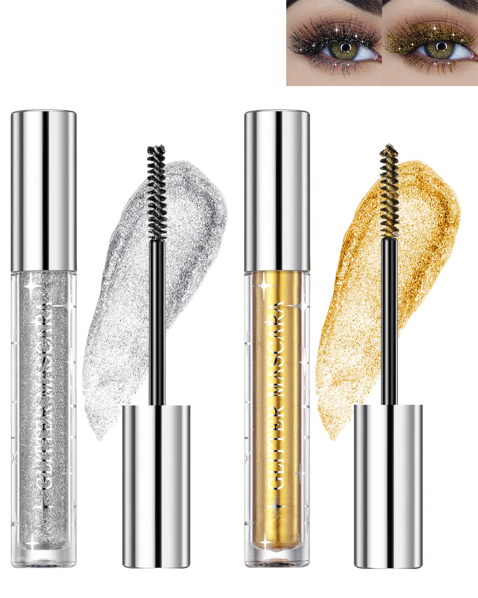 Glitter Shimmer Colored Mascara for Eyelashes,2Pcs Silver Gold Color Diamond Mascaras, Waterproof Long Lasting Sparkly Mascara, Voluminous & Curling