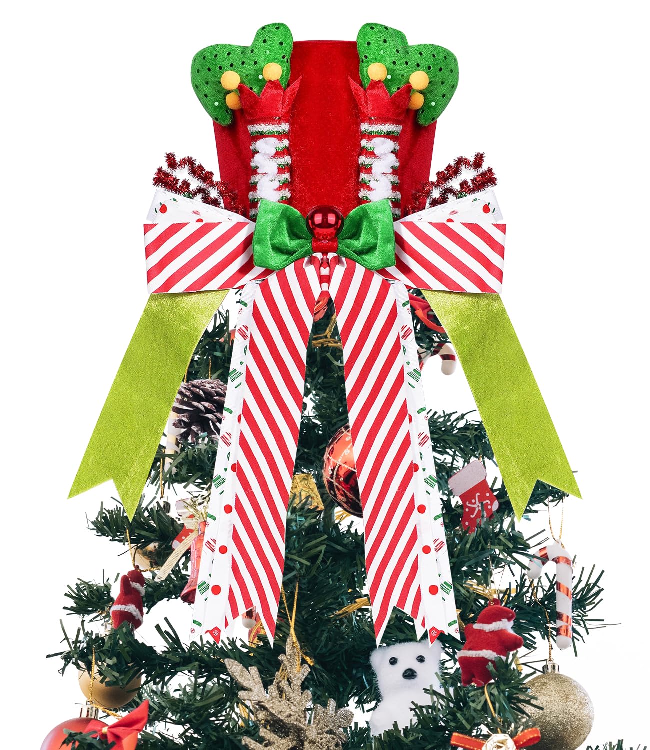 Christmas Tree Topper Hat, Elf Legs Xmas Tree Toppers Large Red Velvet Hat with Lengthened Bowknot, Christmas Tree Ornaments for Christmas Holiday Home Decoration