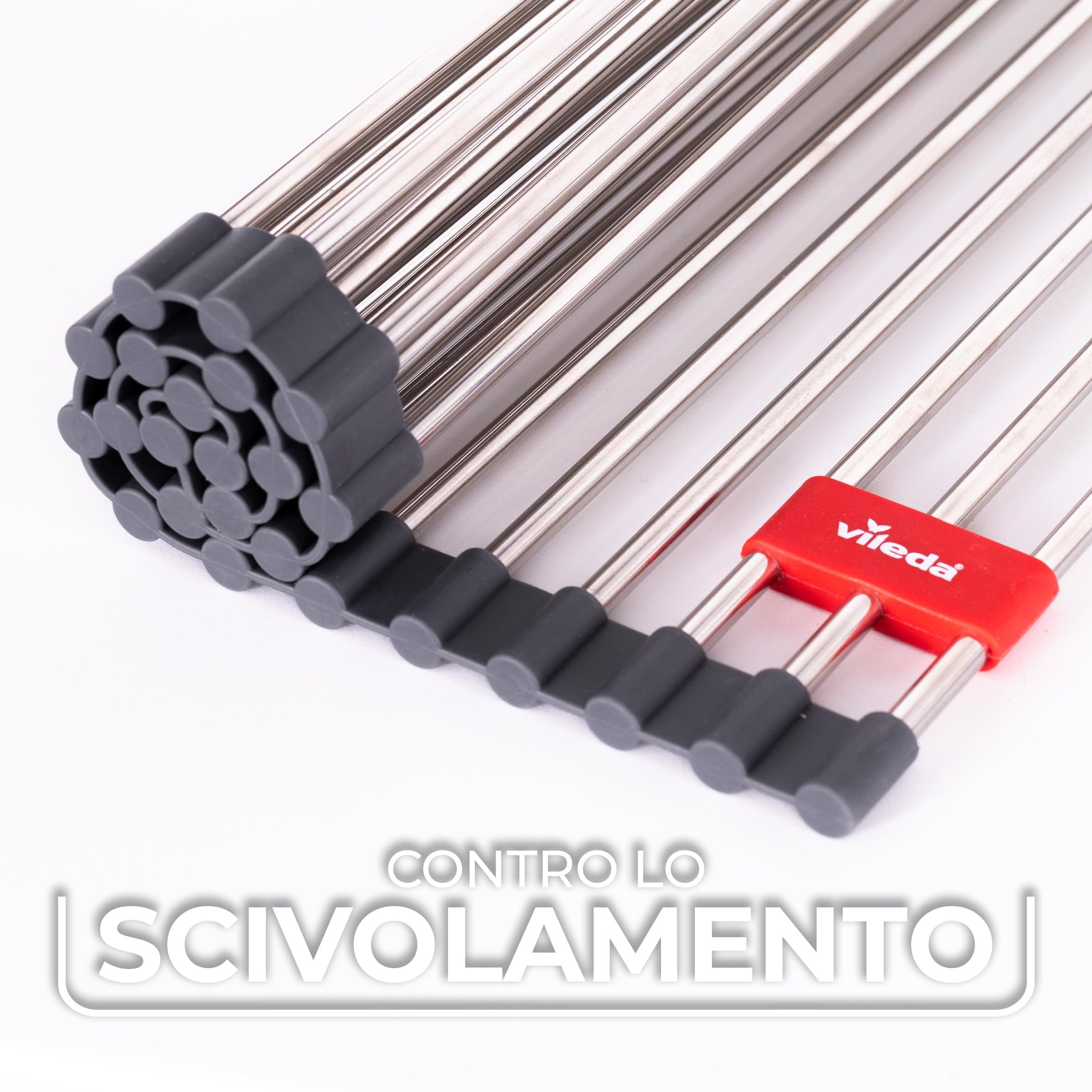 Vileda Scolapiatti Arrotolabile per Lavello 45x40cm in Acciaio Inox e TPE - 24 Barre, arrotolabile - Scolapiatti e Coprilavello - Scolapiatti Pieghevole - Griglia per Lavandino Cucina