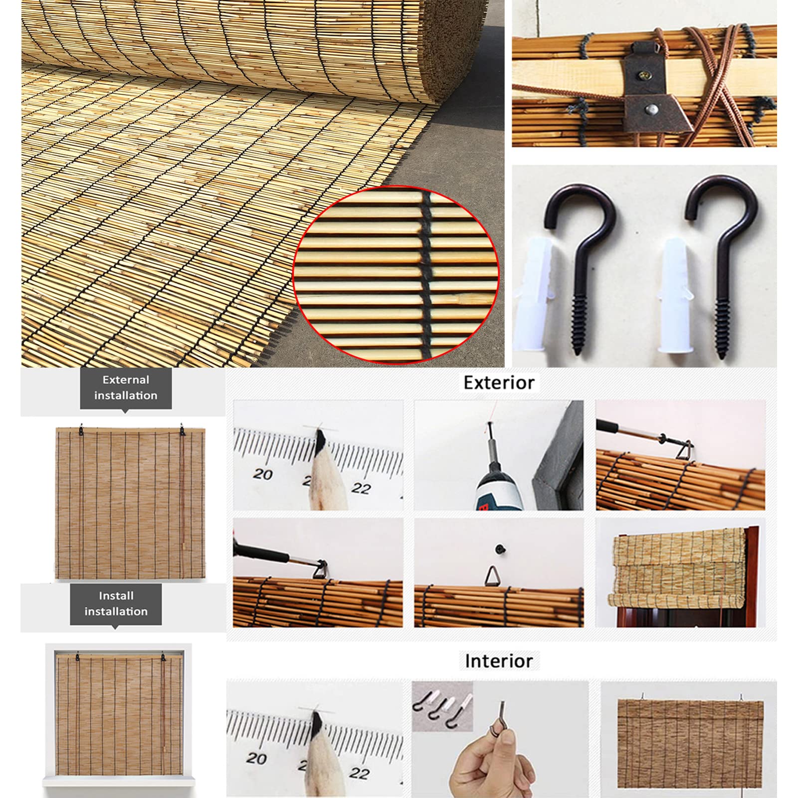 Rideau de Roseau Filtrant La Lumière,Store en Bambou Anti-UV,Rideau de Paille d'Intimité Respirant,Store Enrouleur Occultant,Store Venitien pour Cour Balcon Salon de Thé (W100xH250cm/39x99in)