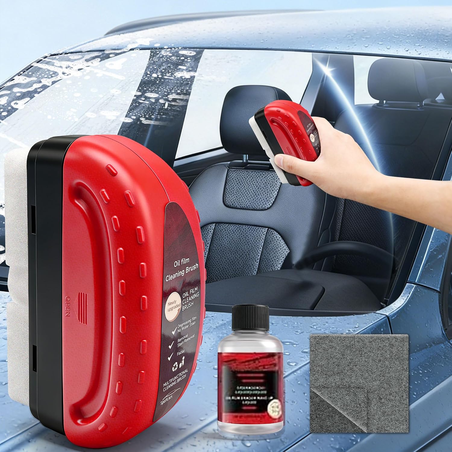 CNPMBO Oil Film Cleaning Brush for Car Windshields - Removes Stubborn Oil Film, Anti-Fog, Crystal Clear Vision with Microfiber Towel (Red)