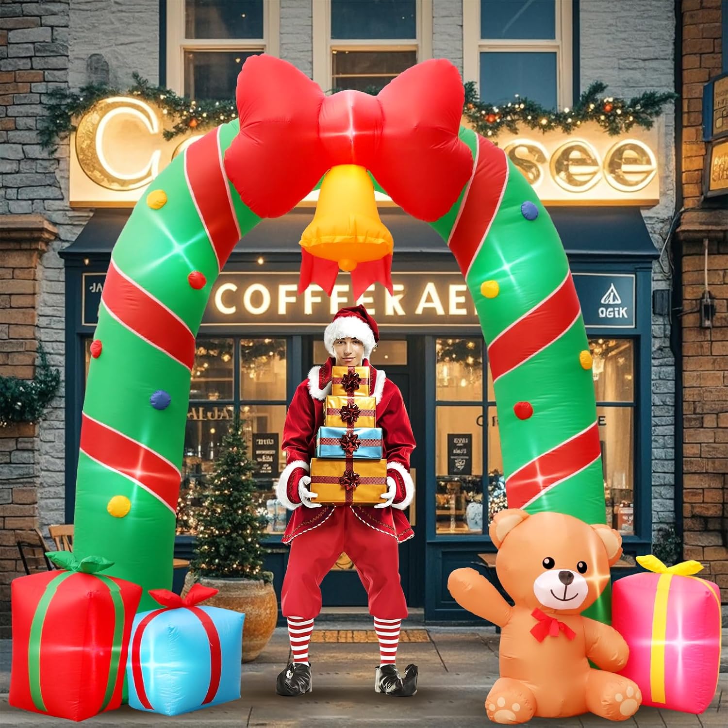 10FT Christmas Inflatable Outdoor Decorations Candy Cane Christmas Archway Inflatables with Bow Bells Bear Gift Box Blow Up Yard Decorations LED Lights Xmas Garden Lawn Outside Decor