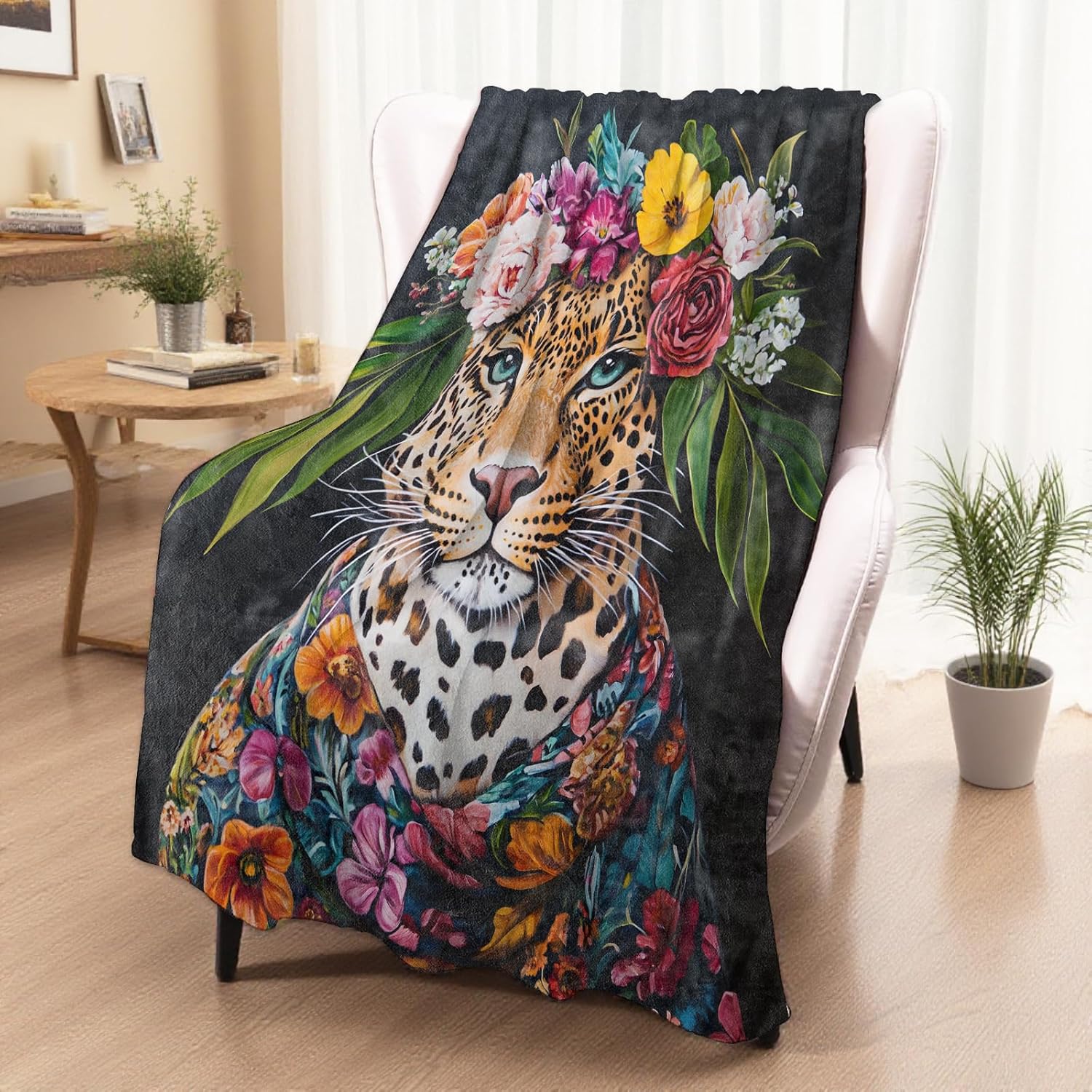 Funny Leopard Blanket, Cozy Plush Leopard in Flower Crown Throw Blanket for Couch Bedroom Outdoor, Lightweight Soft Flannel Travel Blankets, Gifts for Women Adults Kids, Warm Decor 50"×60" - Image 2