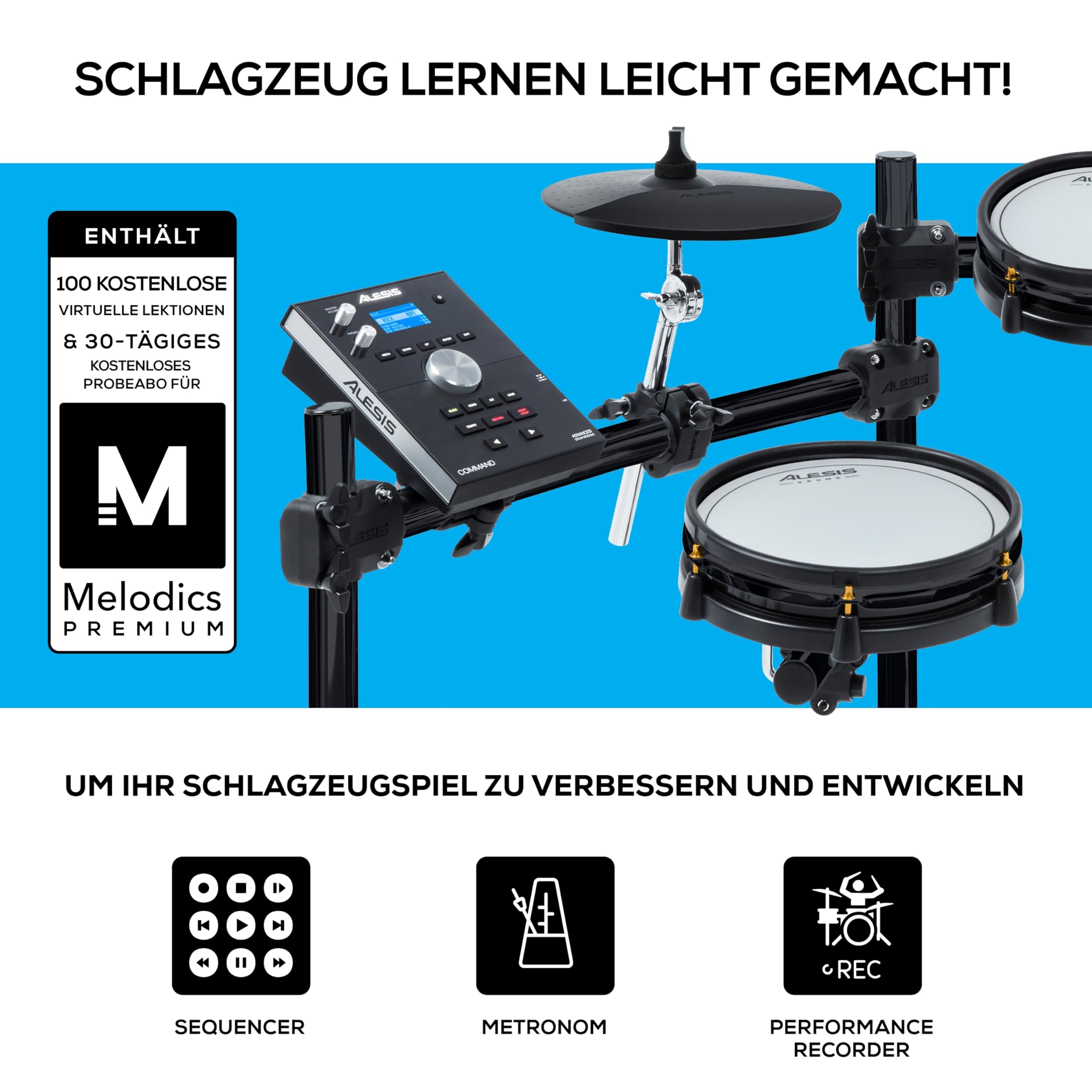 Alesis Command SE Kit - Schlagzeug Elektronisch mit USB MIDI Anschlüsse, E-Drums mit 600+ Schlagzeug Sounds und 120 Play Along Tracks und Drumsticks