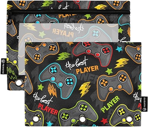 Colorido estuche con cremallera para videojuegos para carpetas de 3 anillas, bolsa transparente para lápices, suministros diarios de oficina,