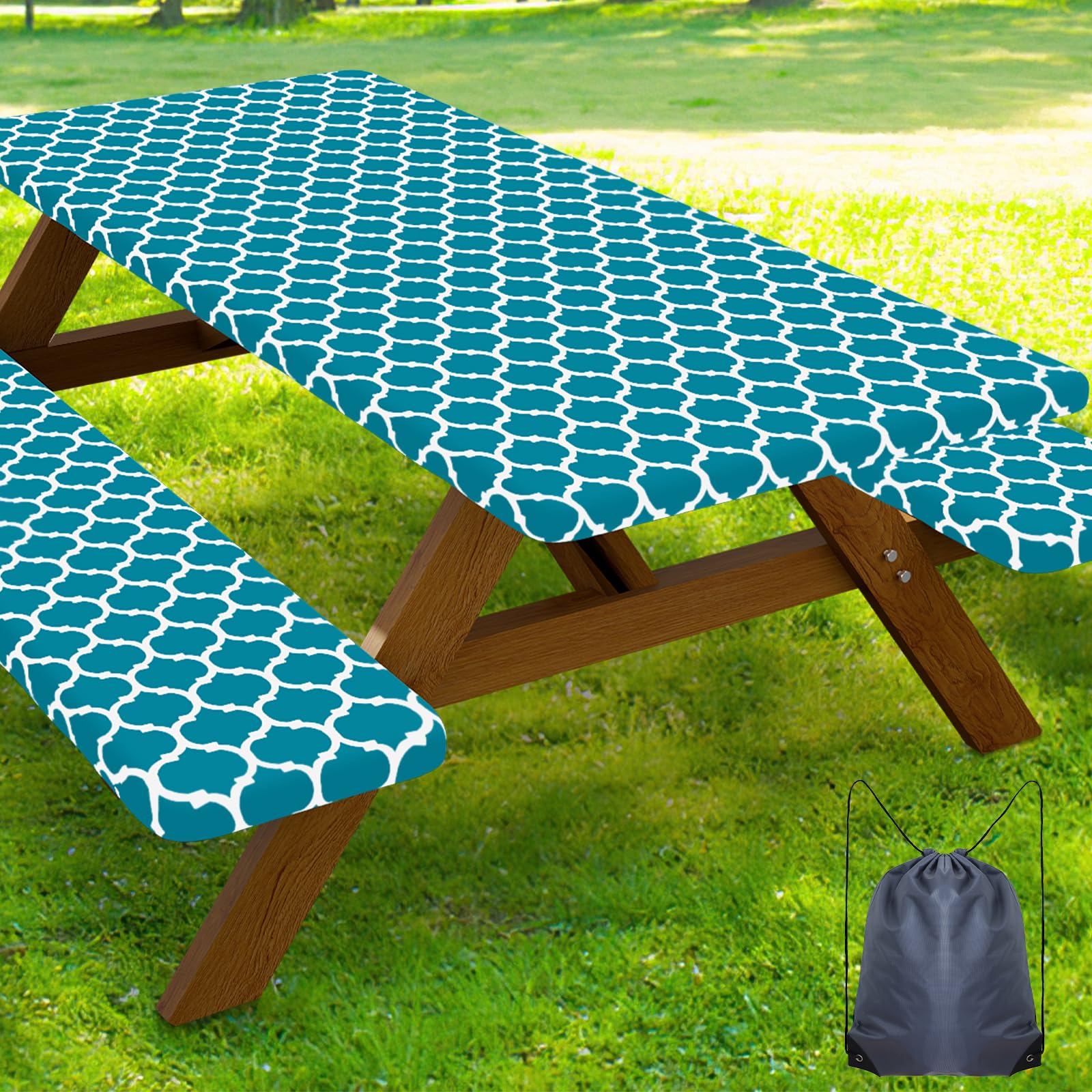 Smiry Picnic Table Cover with Bench Covers, Waterproof Elastic Fitted Tablecloth for 5 Foot Tables, Washable Polyester Tablecloths for Camping, Indoor &amp; Outdoor (Aqua, 30x60 Inch 3-pc Set)