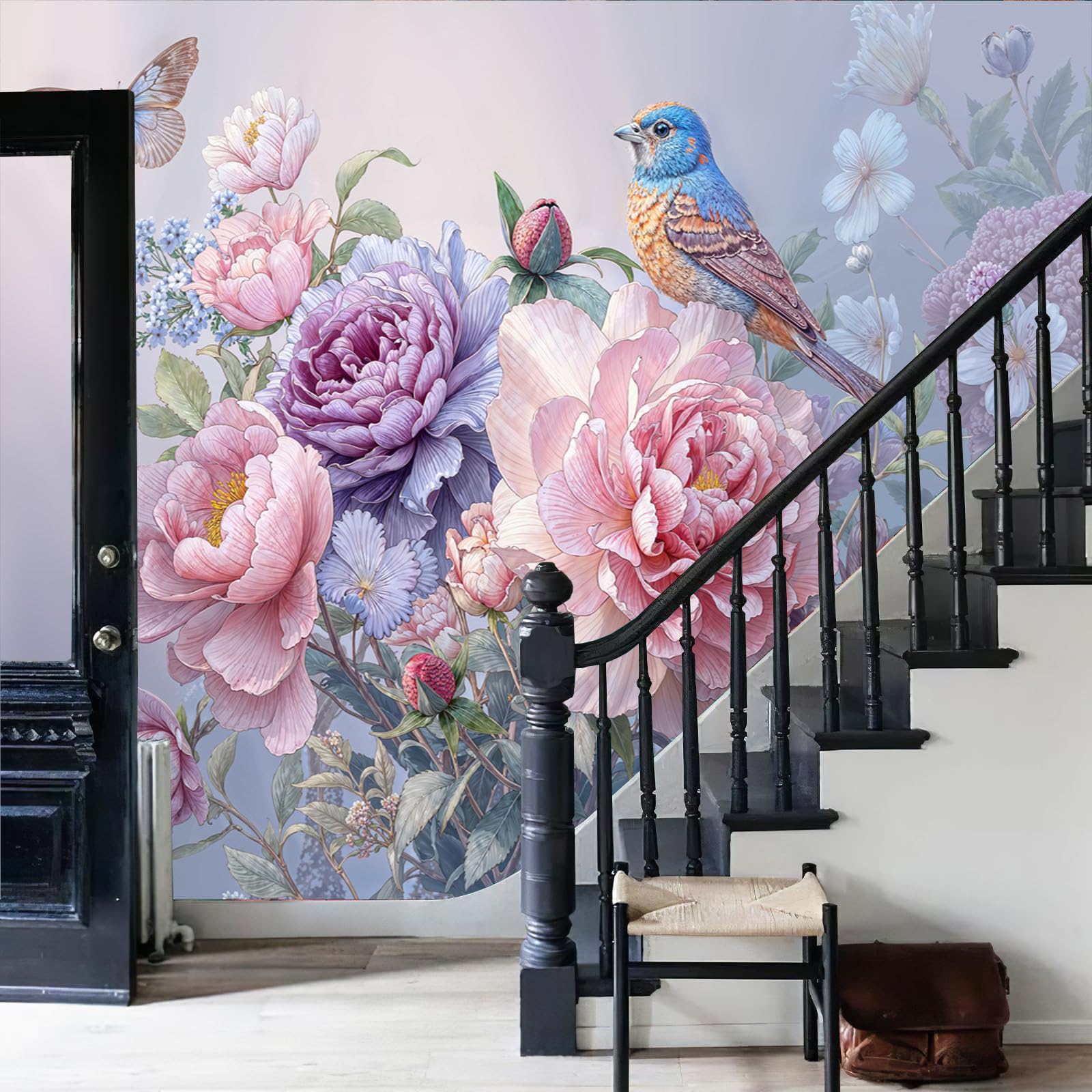Fotomural Efecto Peonía Azulejo Mariposa 3D Papel Tapiz, Flores Exóticas Jardín Decoración De La Pared Murales, Sala De Estar Dormitorio Papel Pintado 300 × 210 cm