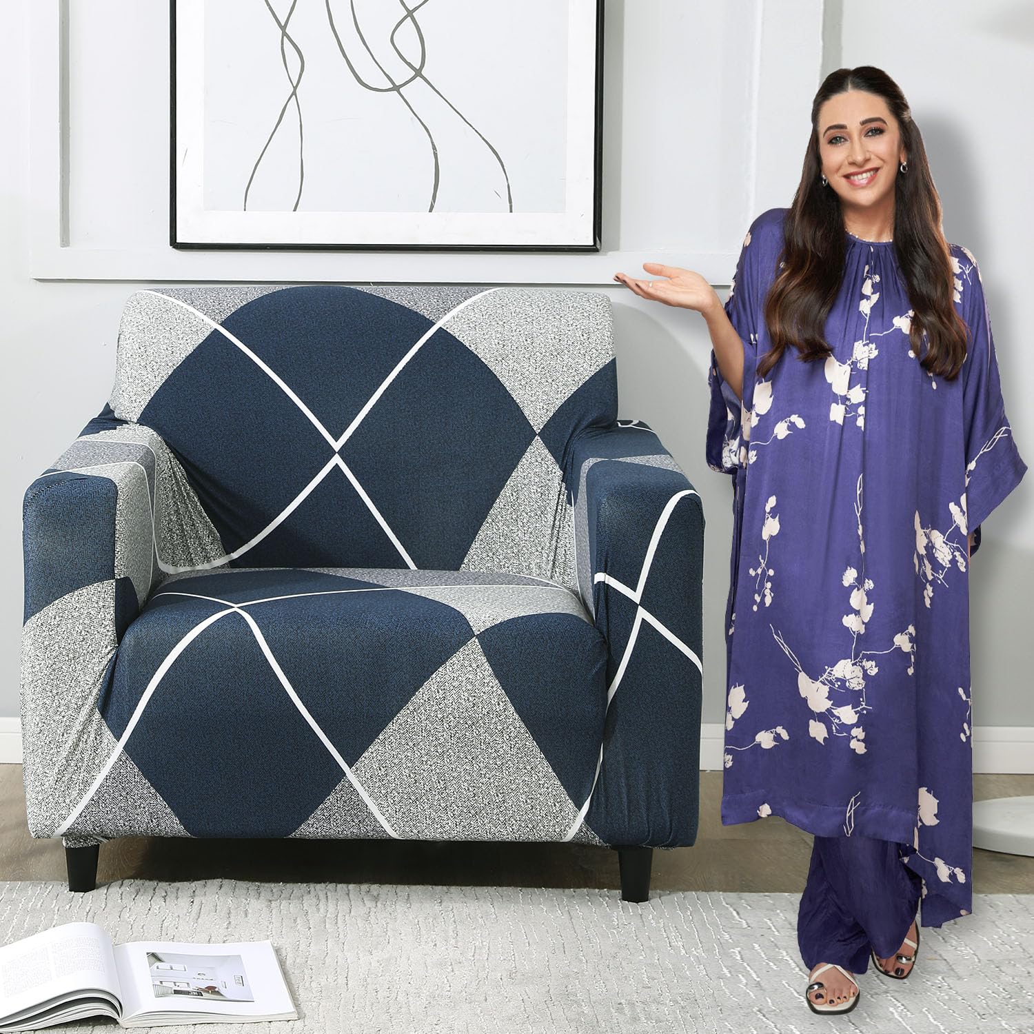 HOKIPO Sofa Cover 1 Seater Fully Covered, Blue Rhombus