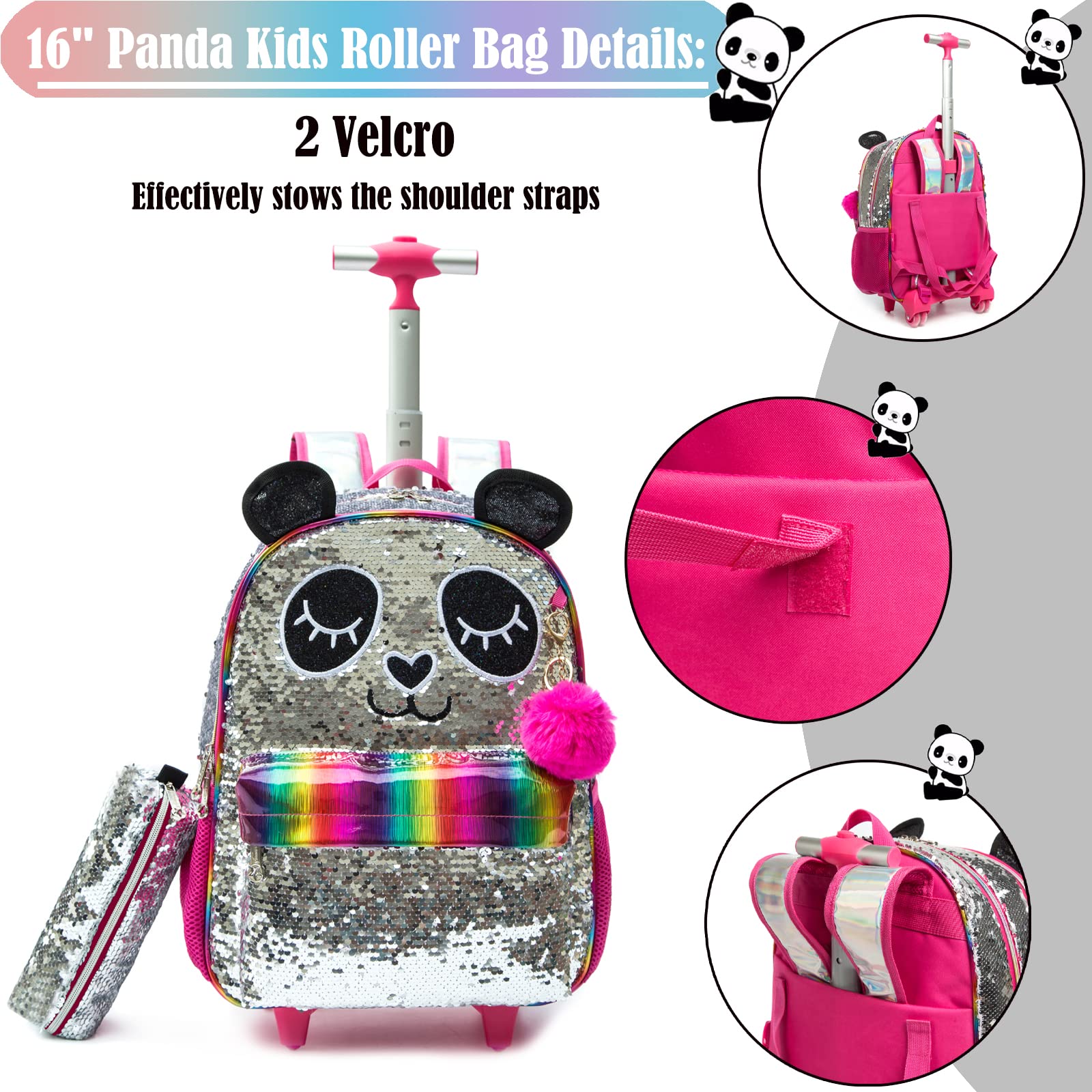 Mochilas Escolares con Ruedas Para Niñas,3PCS Mochila Carro Bolsa del Almuerzo y Estuche de Lápices Bolsos Escolares Para Chicas,16" Maleta Niños con Ruedas de Sirena Morada para Niñas con Lentejuelas