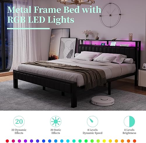 Miniatura 31 de Base de cama de tamaño matrimonial, plataforma LED con cabecera de piel sintética, estación de carga, espacio de almacenamiento de 2 niveles, no