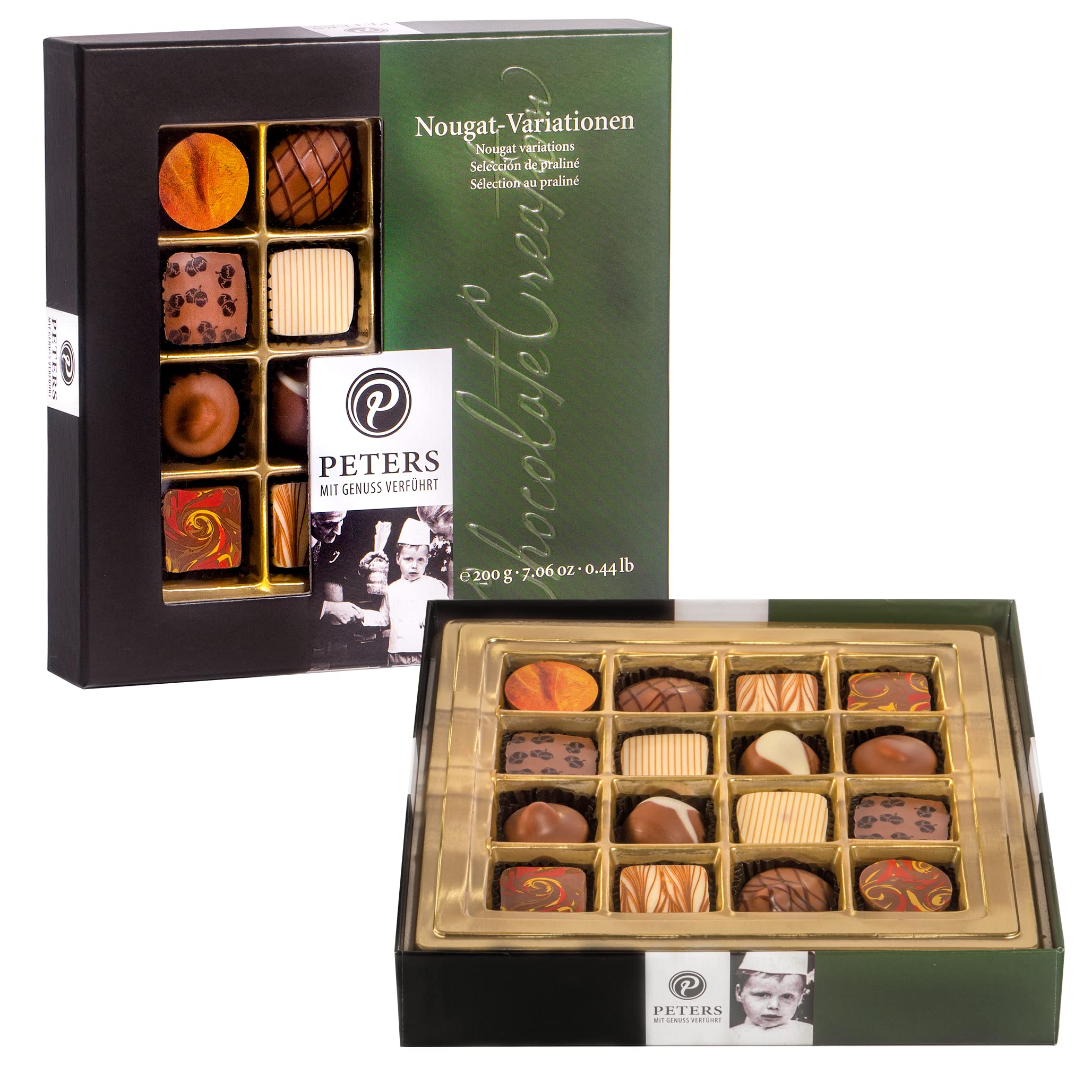 Peters Mit Genuss verführt | Nougat-Variationen | Alkoholfrei | Ohne Alkohol | Hochwertige Pralinen | Pralinés | Schokolade | Haselnuss | Geschenk | Made in Germany | 200g