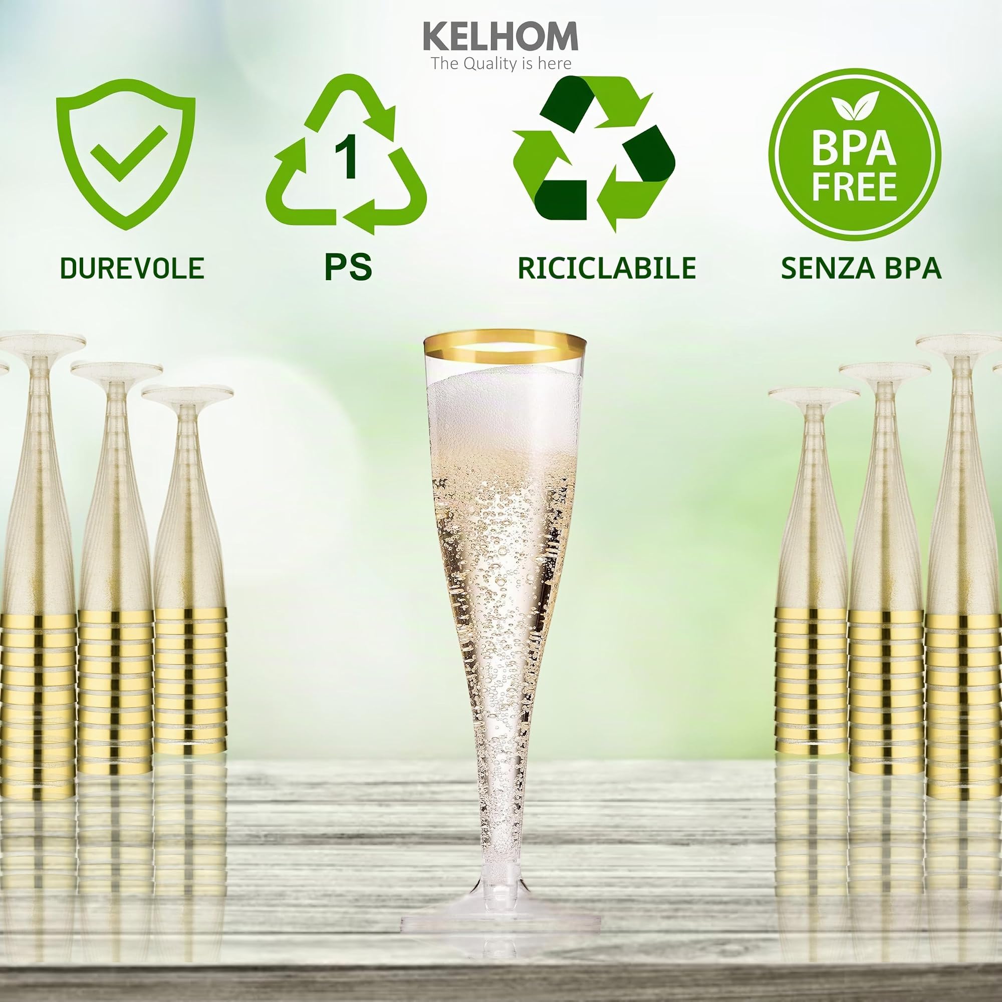 Flauti da Champagne Di Alta Qualità Riutilizzabili da 133 ml Con Bordo Dorato BPA gratuito, Set di 50 Eleganti Flauti In Plastica Resistenti,per Festa di Matrimonio, Compleanni e Cocktail in Plastica