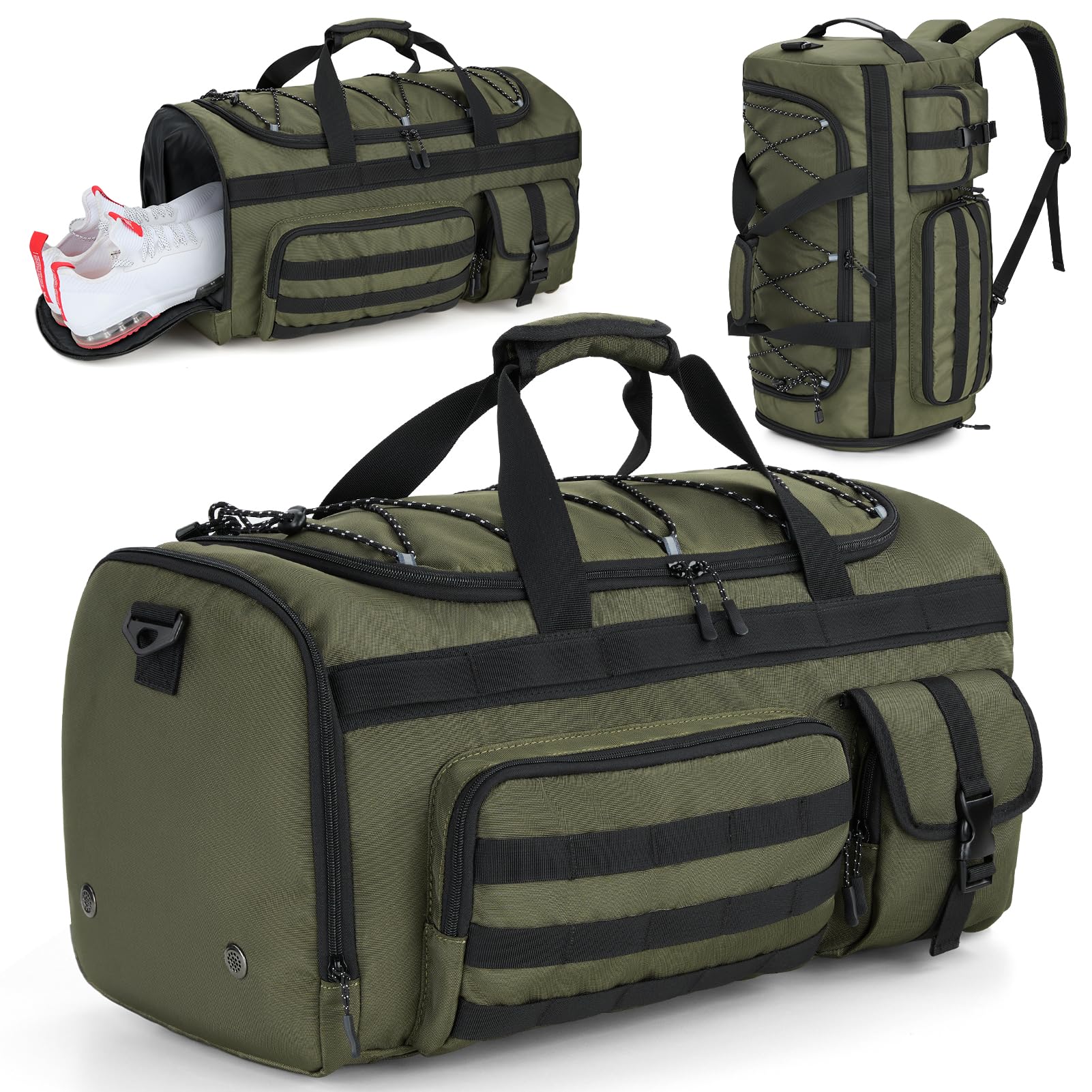 45L Duffel Bag for Men, 3 in 1 Convertible Carry Gym Duffle with Shoe Compartment, Tactical Gear Loops, Water-Repellent Lining, Workout & Travel Bag (Army Green)-image-22