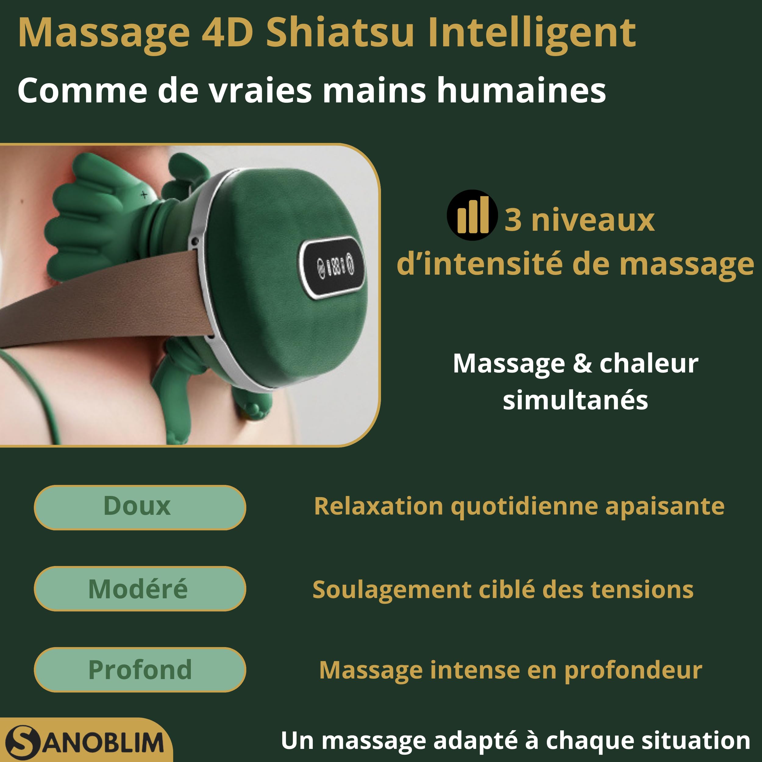 Masseur Cou et Cervicales Shiatsu 4D Électrique avec Chaleur (2 Réglages) – Main Bionique Massante Nuque,Dos et Épaules, 3 Intensités de Massage, Appareil de Relaxation Musculaire, Sans Fil,Vert