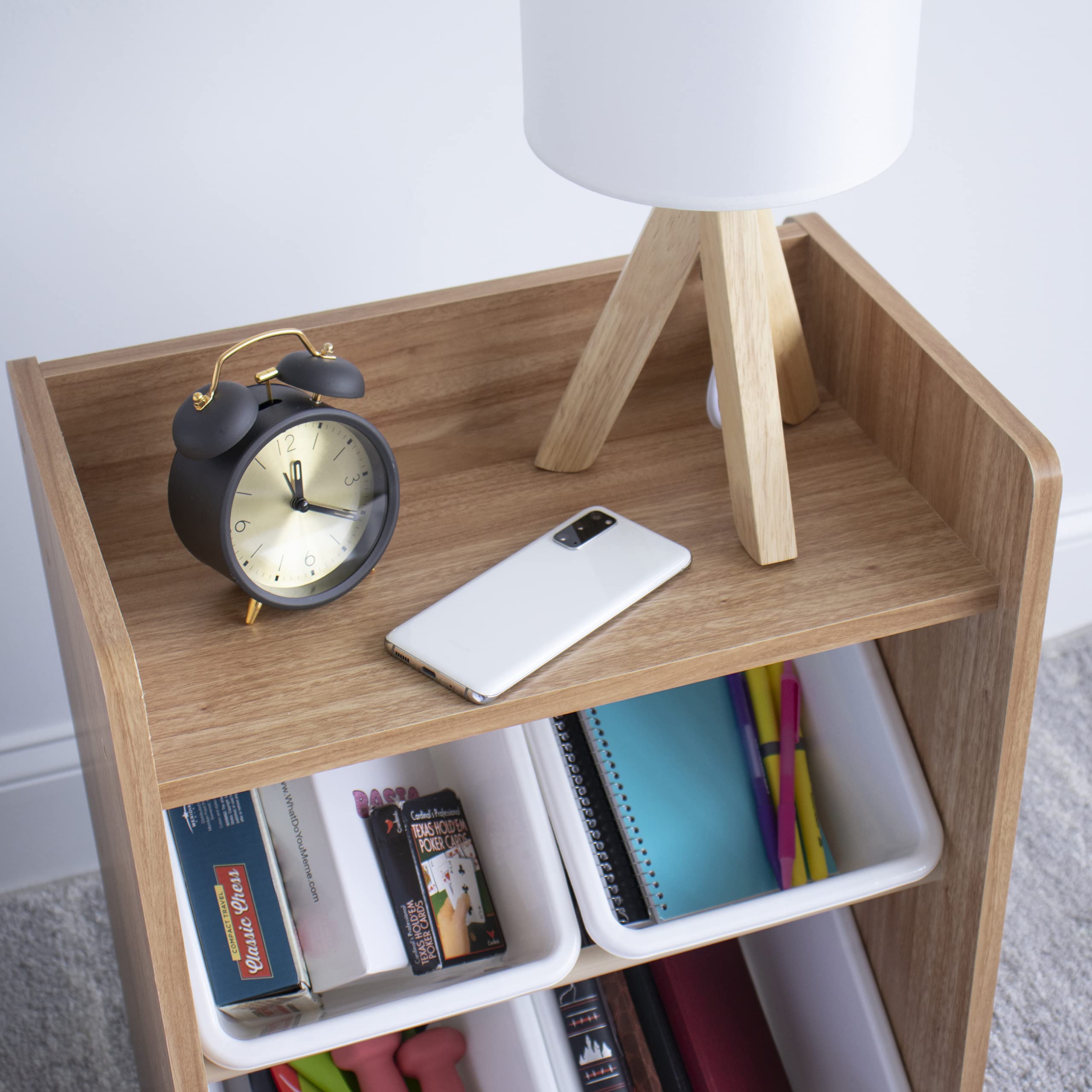 HumbleCrew Scaffale Bambini Compatto: Organizer Giocattoli con 4 Contenitori, Design Naturale/Bianco Elegante, Ideale per Camerette Stile e Ordinate