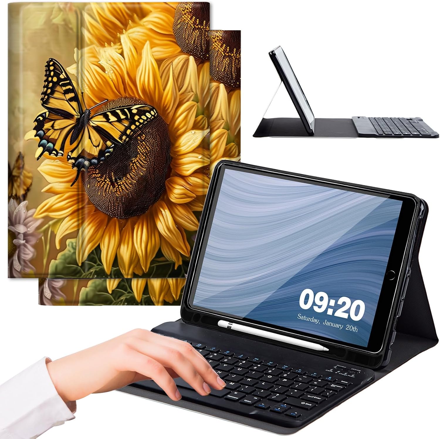 iPad 10.2 Case with Keyboard 2021/2020/2019, Detachable Wireless Keyboard Strong Magnetic Sealing Leather Cover for Apple iPad 9th/8th/7th Generation Pen Holder, Butterfly & Golden Sunflower