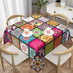 Toalha de mesa quadrada boho, decoração de cozinha boêmia, 152 cm, poliéster colorido, impermeável, resistente a manchas, mandala mexicana, marroquina, piquenique, acampamento, ambientes internos e