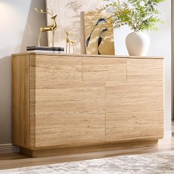 JXQTLINGMU 7 Drawer Dresser for Bedroom, Modern Push-to-Open Chest of Drawers, Large Wood Storage w/Curved Profile & Handleless Design, 52" Wide Dresser TV Stand for Bedroom, Living Room, Natural Oak