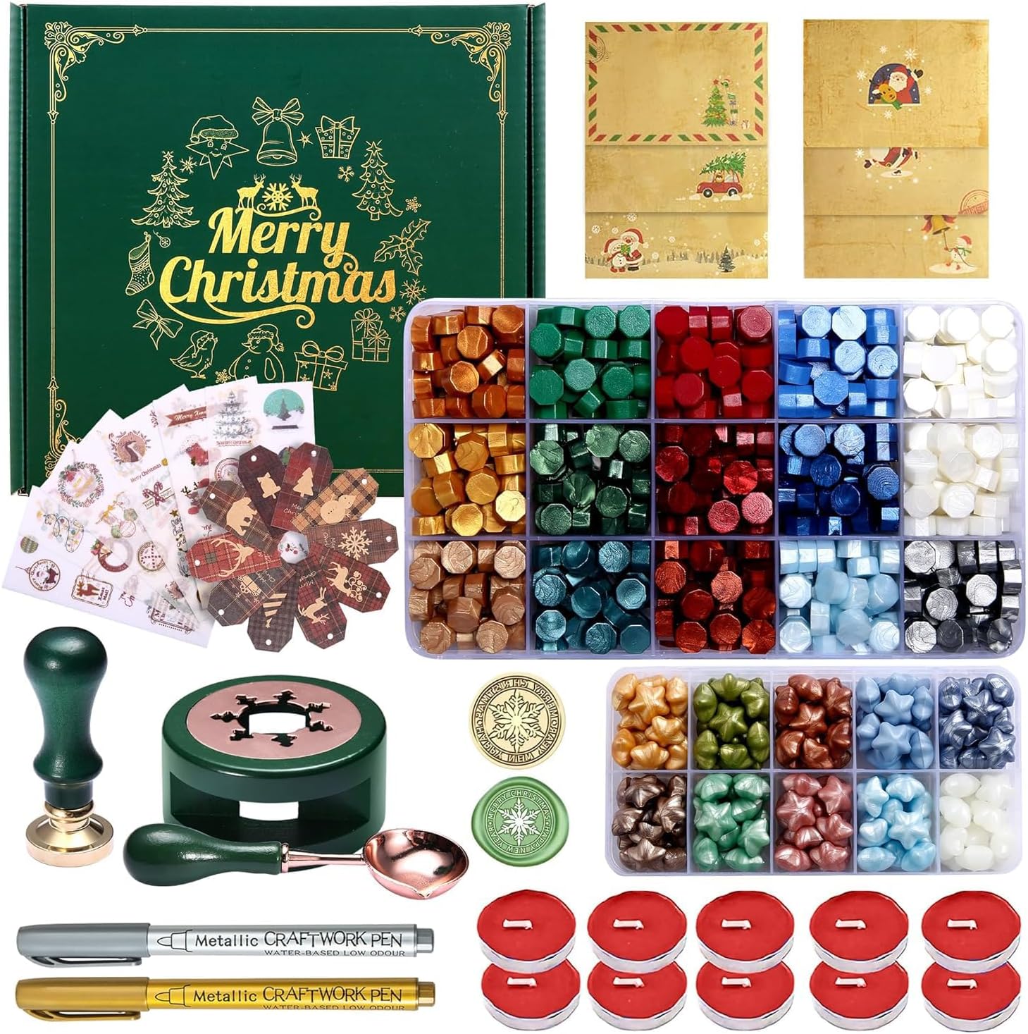 Kit de sellos de cera de Navidad con sello de cera de nieve, cuentas de sello de cera de 25 colores con calentador de cera de sellado, calcomanías