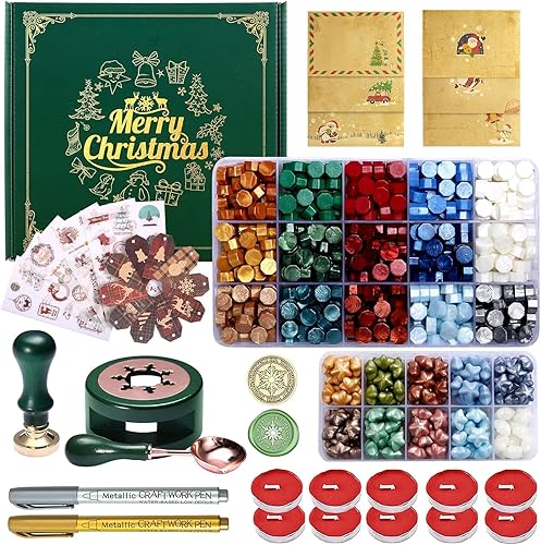 Kit de sellos de cera de Navidad con sello de cera de nieve, cuentas de sello de cera de 25 colores con calentador de cera de sellado, calcomanías