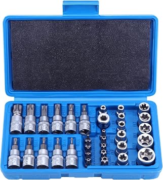 HSEAMALL 34PCS Torx Socket Set, Female E Torx Bit Star Sockets E4-E20 Nuts Set 5/16 and 3/8 Inch Drive T10-T60