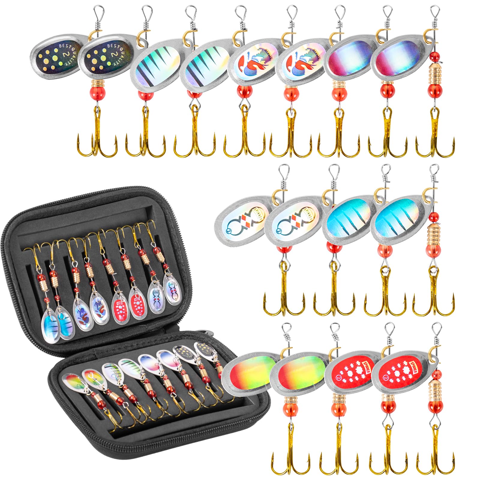 SF Fishing Lure Spinner Baits with Treble Hooks for Bass Fishing Trout Salmon Hard Metal Spinnerbaits Kit with Tackle Boxes, Kit B, 16PCS