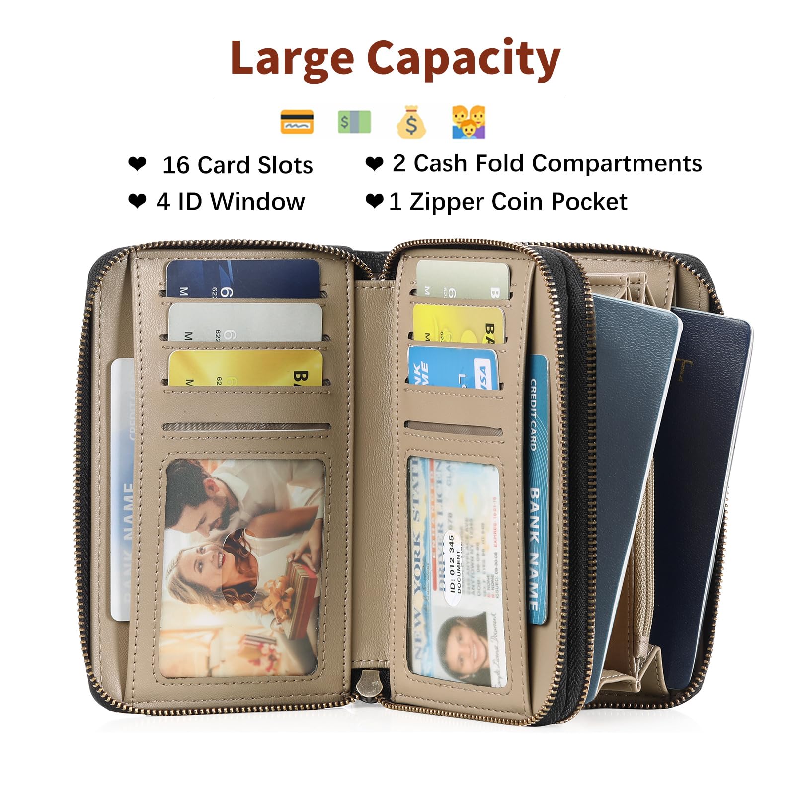 GOIACII Women's Wallet Double Zip Around Credit Card Holder Ladies Wallet Rfid Blocking Wristlet Purse Medium Size Leather Black