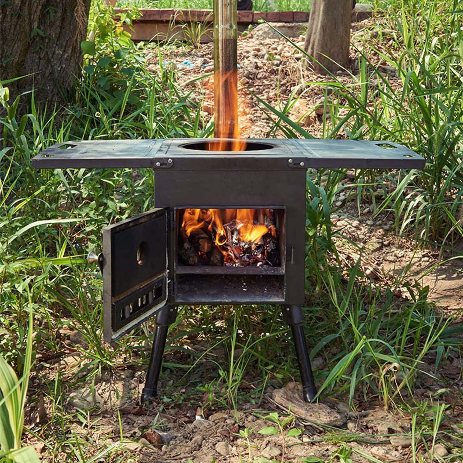 Campingkocher,Zeltofen,Holzofen,Raketenofen,Outdoor Ofen Holz Kaminofen Campingkocher Hobo Kocher Medium Zeltherde,Enthält Schornsteinpfeife für Zelte Unterkünfte und Camping(Color:Steel Plate Furn