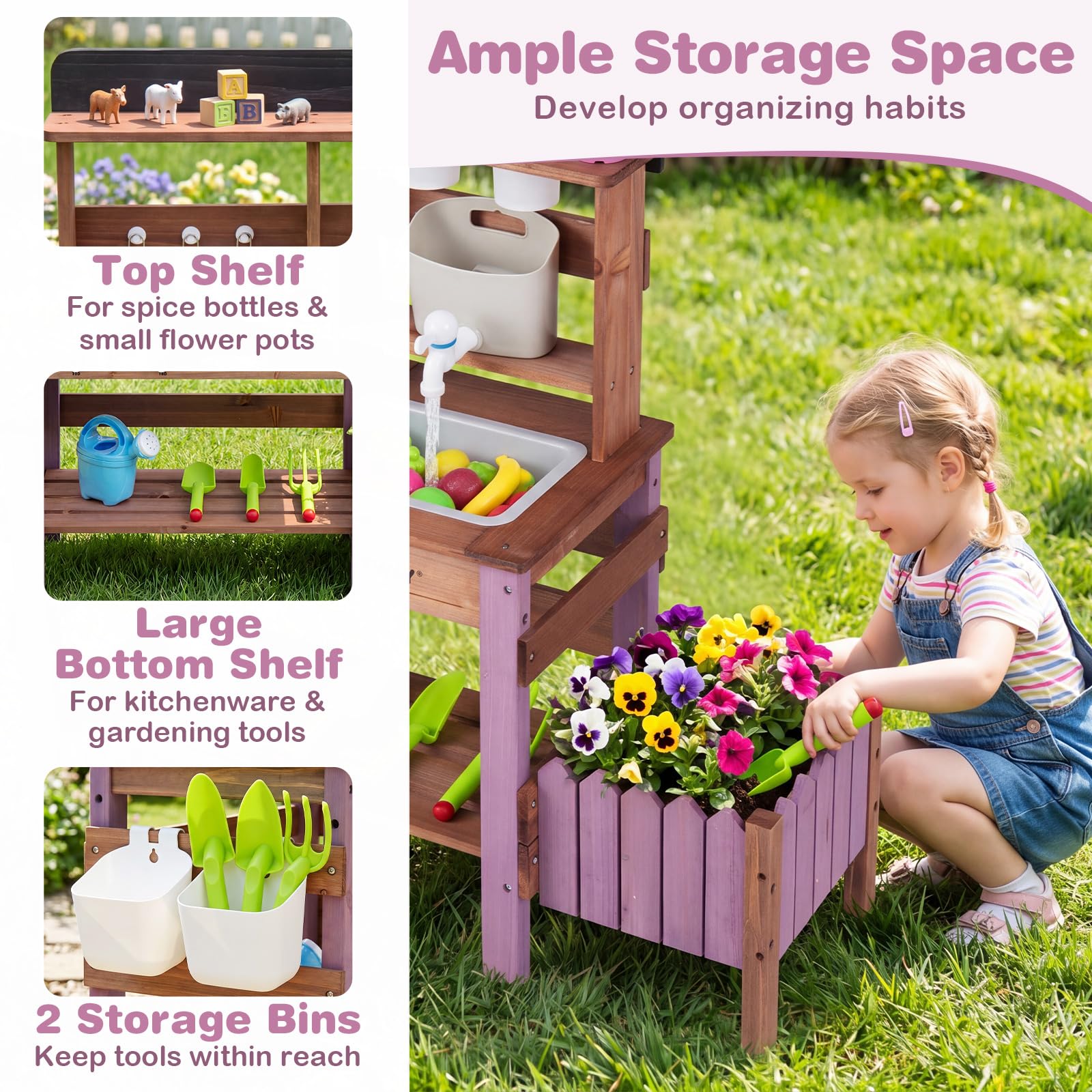 FANTASK Kinder Outdoor Matschenküche mit Wasserbehälter | Inklusive 15 Teile zum kreativen Rollenspiel, mit Wasserhahn, Spüle und Pflanztopf ab 3 Jahren