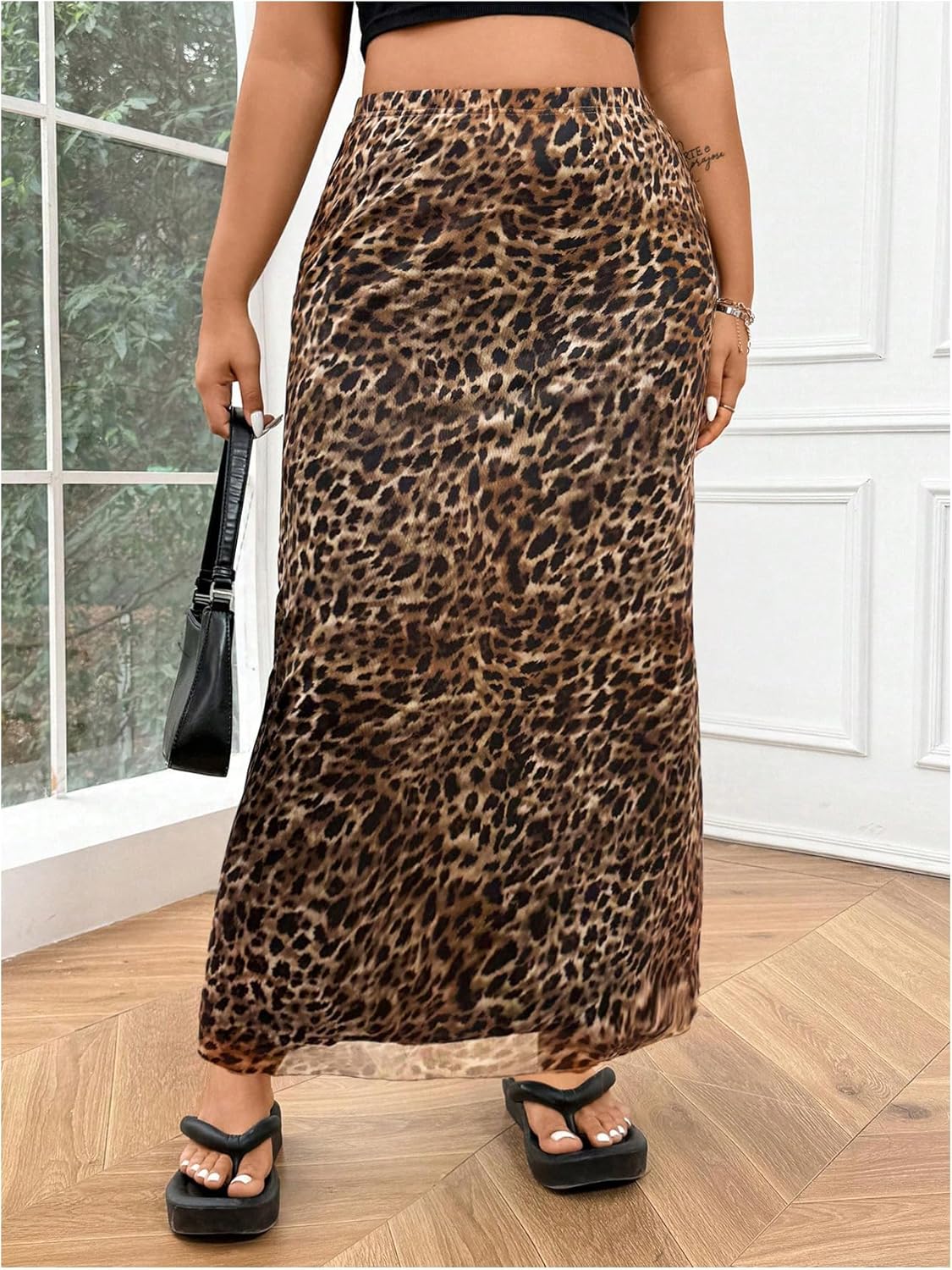 Floerns Women's Plus Size Leopard Print Mesh High Waisted Maxi Skirts - Image 3